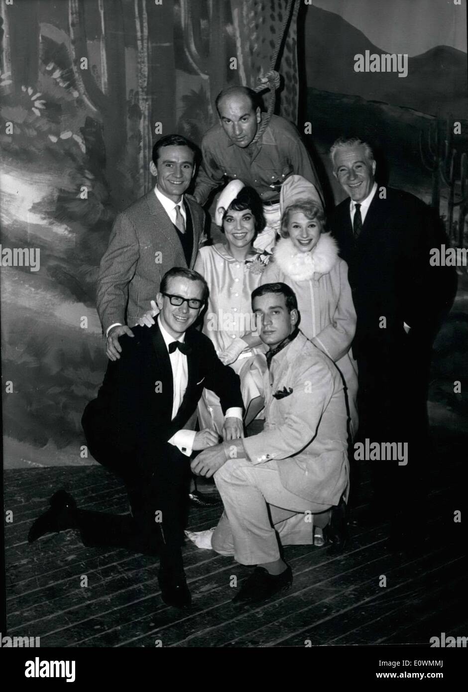 Sep. 09, 1963 - Theatre ''Berliner Allee''.: Yesterday in Dusseldorf was to be seen the first performance of Gerhwins successful musical ''Girl Crazy'' Picture shows : in the noose Sheriff Gieber Goldfarb (Martin Rosentiel), in the second row from the left to the right ( Sam Mason) (Kurt Liederer), Kate Fothergill (Rita Paul), Molly Gray (Lydia Weiss) and Slick Fothergill (Hans Hansen). In the row down kenneling to the left Klaus Doldinger with his band,  had the musical conduction. To the right Danny Churchill (Helge Grau) Stock Photo