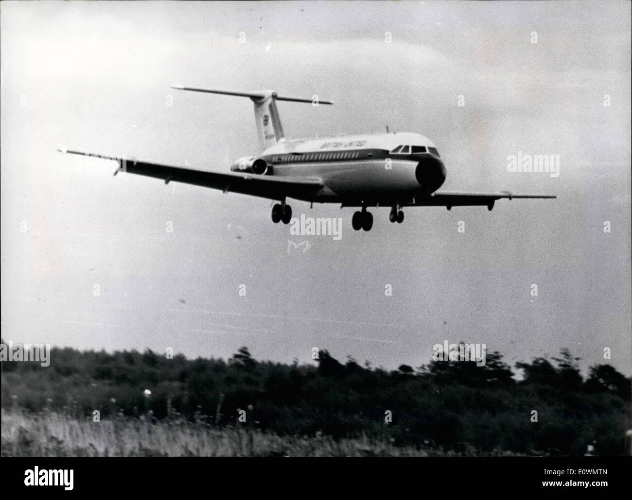 Aug. 08, 1963 - Bus stop jet'' Maiden flight: The new B.A.C. 111, known as the ''Bus Stop Jet'' because it has been designed for short haul work with a very quick turn-around, made its maiden flight from HURN Airport last night. The B.A.C. 111 costs about &pound;875,000 and already 60 of them have been sold straight off the drawing board, half of them to American operators. It will be capable of carrying more than 70 passengers, plus freight at a speed of 550 m.p.h. for journeys of between 150 and 1,000 miles . Photo shows the B.A.C. 111 airborne for the first time. Stock Photo