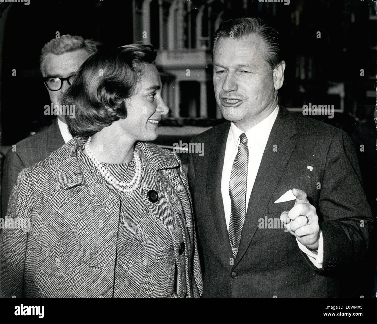 Sep. 09, 1963 - Nelson Rockefeller in London: Nelson Rockefeller, Governor of New York State, and in the running to become the next Republican President of the United State, has come to London on a European tour. He is accompanied by his new wife Margaretta, who he married last May, about a year after his first marriage was dissolved. The 55 year old Governor is meeting Mr. Maudling, Mr. Harold Wilson, Lord Mountbatten and Mr. Macmillan while in this country, then he goes on to Germany, West Berlin, Brussels and Paris. Photo shows Nelson Rockefeller and his wife happy. Stock Photo