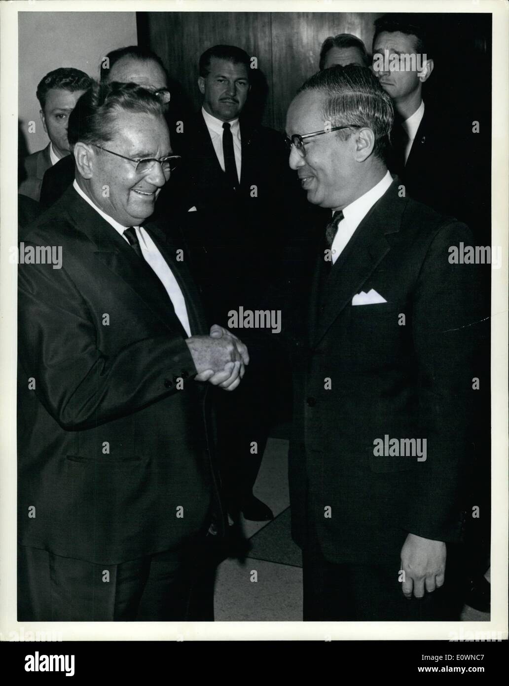 Oct. 10, 1963 - President Tito, of Yugoslavia,visits United Nations Headquarters: His Excellency Marshal Josip Bros Tito, President of the Socialist Federal Republic of Yugoslavia, today paid an official visit to United Nations Headquarters, where he addressed a plenary meeting of the General Assembly, held a press conference, conferred in private with U. N. Secretary-General U Thant, and attended a luncheon given in his honour by the Secretary-General. Here, President Tito (L) is seen upon his arrival at U. N. Headquarters as he was being welcomed by U. N. Secretary-General U Thant. Stock Photo