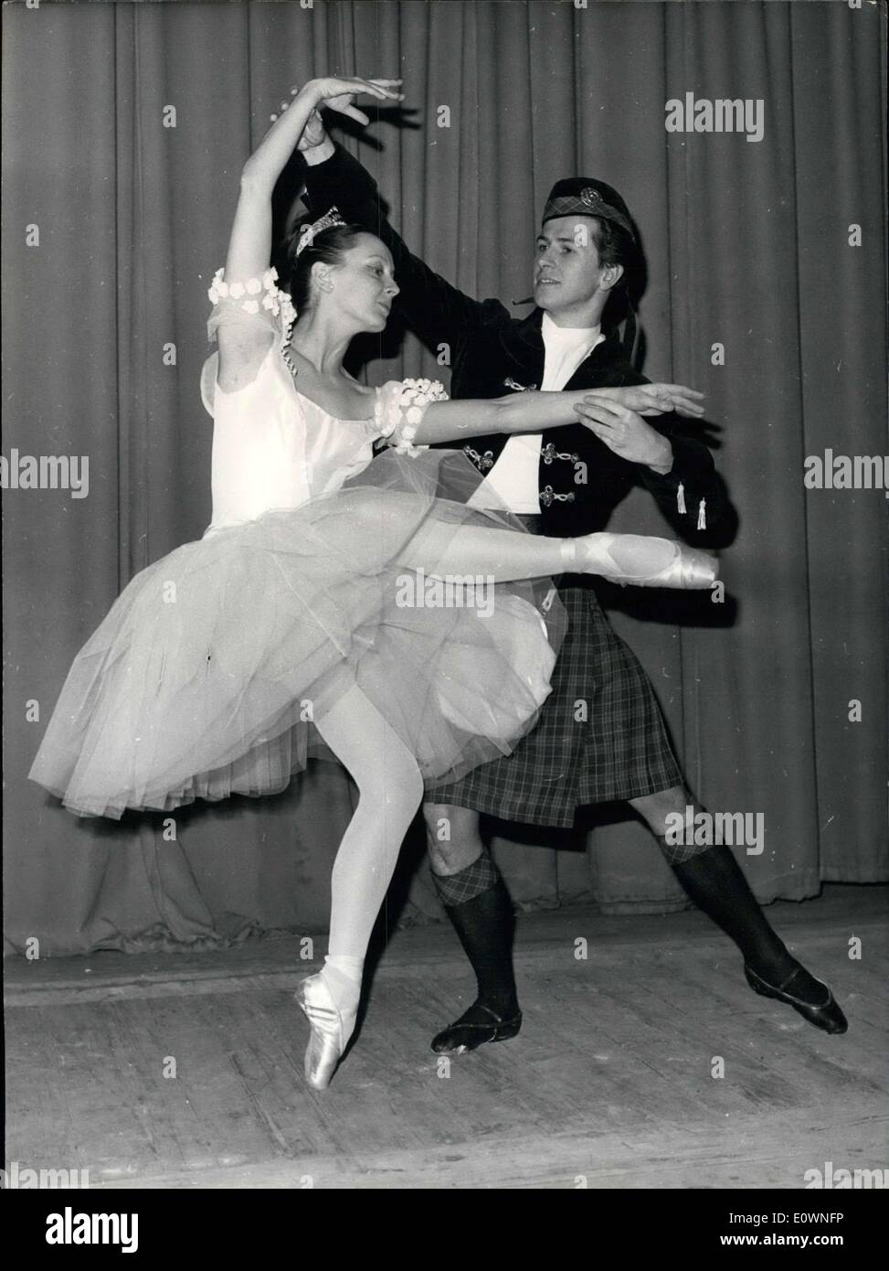 Dec. 16, 1963 - George Balanchine Stages Ballets At The Paris Opera: The American Choreographer George Balnchine came to Paris to stage 4 of his ballets, which he made famous with his New York Ballet Theatre. The 4 ballets being rehearsed at the Opera are based on Chabrier (Bourree Fantastique), Hindemith (The Four Temperaments), Mendelssohn (Scottish Symphony) and J.s. Bach (Concerto Barocco). Photo shows Josette Amiel and Flemming Flindt during rehearsals. Stock Photo