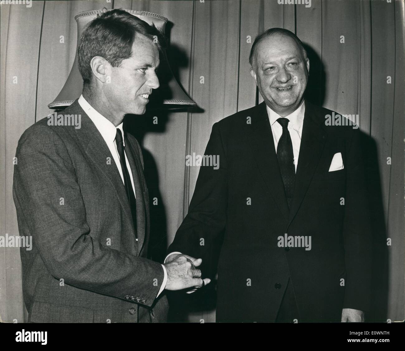 Jan. 01, 1964 - Robert Kennedy meets Mr.Butler: Mr. Robert Kennedy the US Attorney General who arrived in London this morning for talks with the British Government about his far eastern tour. Photo shows Robert F. Kennedy with Mr. Butler during their meeting this evening at the Ford Office. Stock Photo
