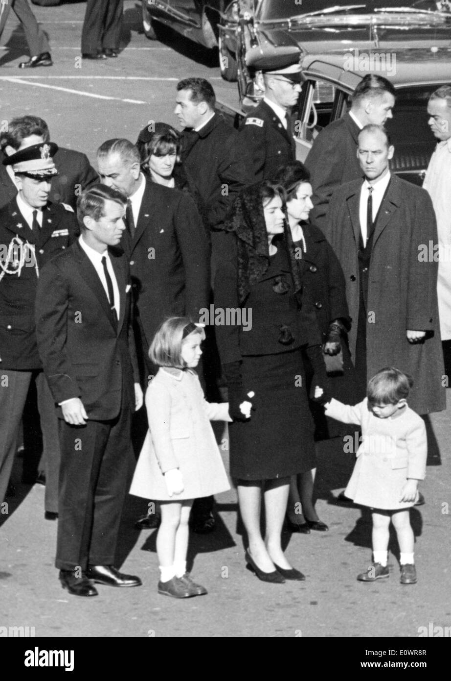 Jacqueline Kennedy at President Kennedy's funeral with her kids Stock