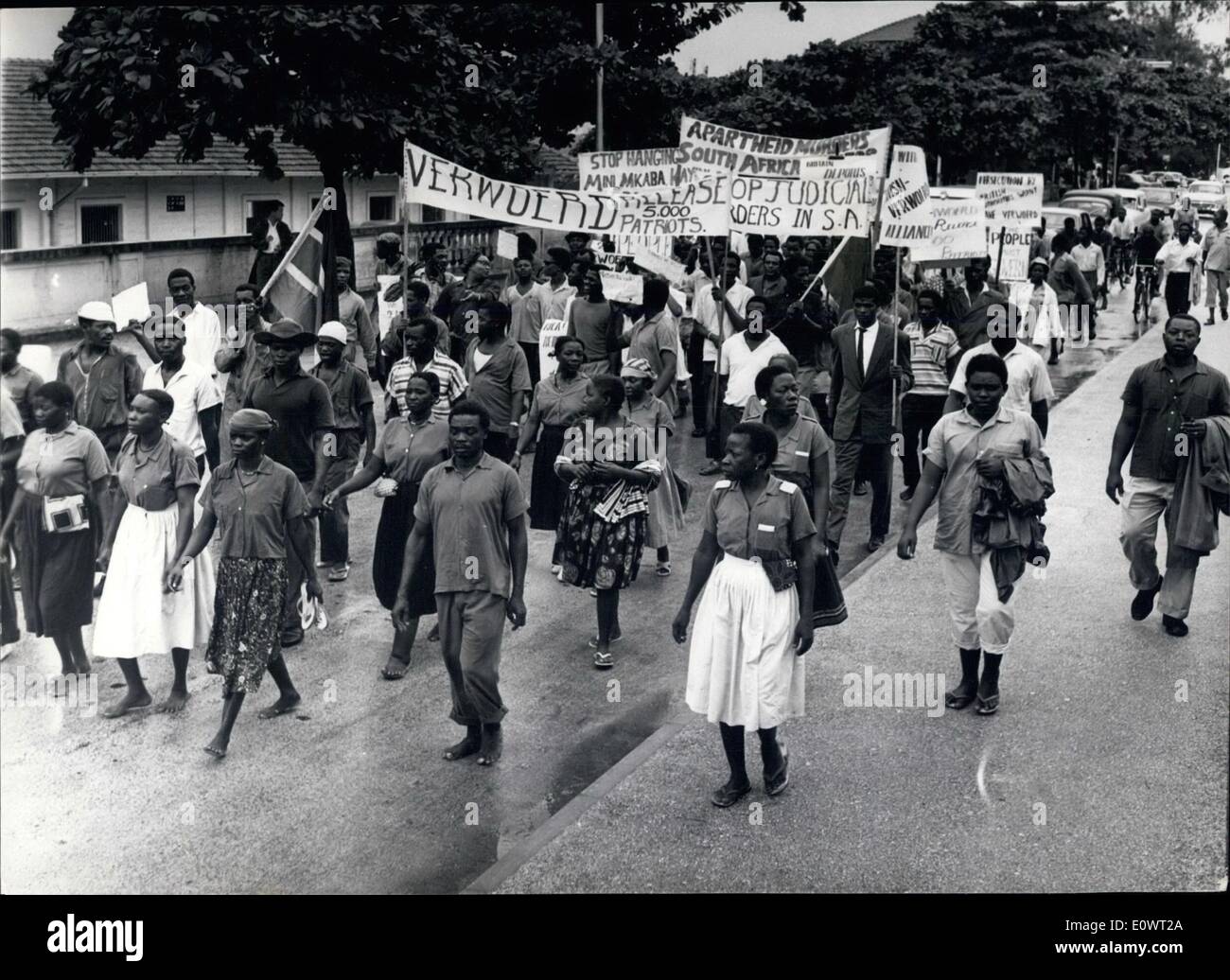 Apr. 04, 1964 - South Africans demonstrate against apartheid in Dar Es Salaam: About two hundred members of various refugee political parties marched through the streets of Dar Es Salaam recently in a demonstration against the apartheid policies of the South African Government. The demonstration was organised by the Dar Es Salaam Office of the African National Congress of South Africa and was part of the South Africa Week Campaign to focus attention on the atrocities committed. Mr Stock Photo