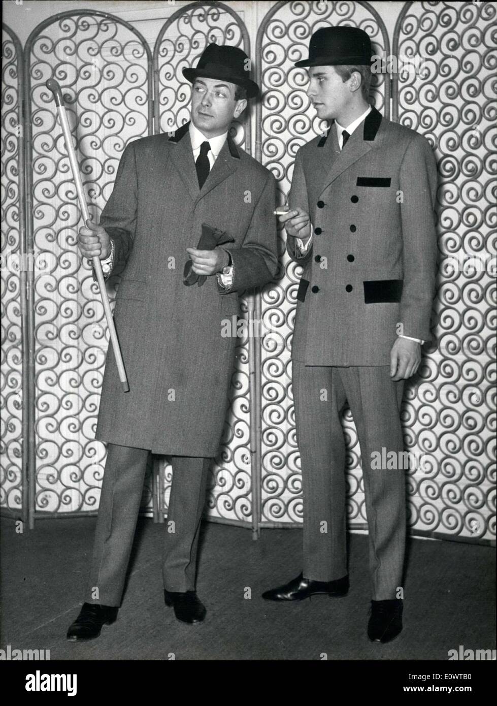 Feb. 20, 1964 - To the left, worn by the young comedian Ph. Vallauris: ''Rubimpre,'' coat with velvet collar and to the right, worn by R. Barthel: ''Julien Sorel,'' jacket dressed with velvet. Stock Photo