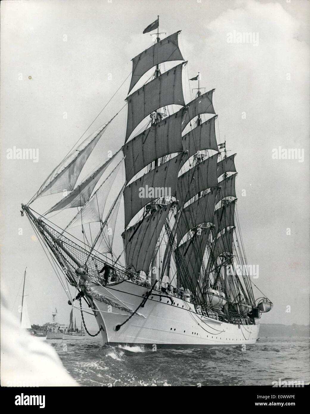May 05, 1964 - ''Tall Ships: At Plymouth.: For the fast few days, glorious sights of the past have been seen in Plymouth sound as the great sailing ships have been assembling for the start of the ''tall ships'' race from Plymouth sound as the great sailing ships have been assembling for the start of the ''Tall Ships'' race from Plymouth to Lisbon to Bermuda, and finally New York for the World's Fair. One of the most picturesque was the giant Danish sail training ship Danmark which will be sailing with the others although not competing in the race Stock Photo