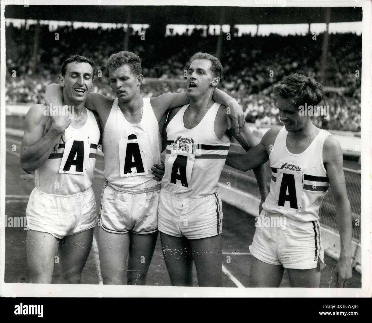 Aug. 08, 1964 - International Athletics at White City. British relay team sets up record. Ready for Tokyo?. Photo shows the British Relay team - after winning the 4 x 400 metres Relay event at White City this afternoon in the new British Empire and Commonwealth Record time of 3m. 5 sec. They are L-R: J.H. Cooper; R.I. Brightwell; A. Metacalfe and T.J. Graham. Tokyo - here we come? Stock Photo