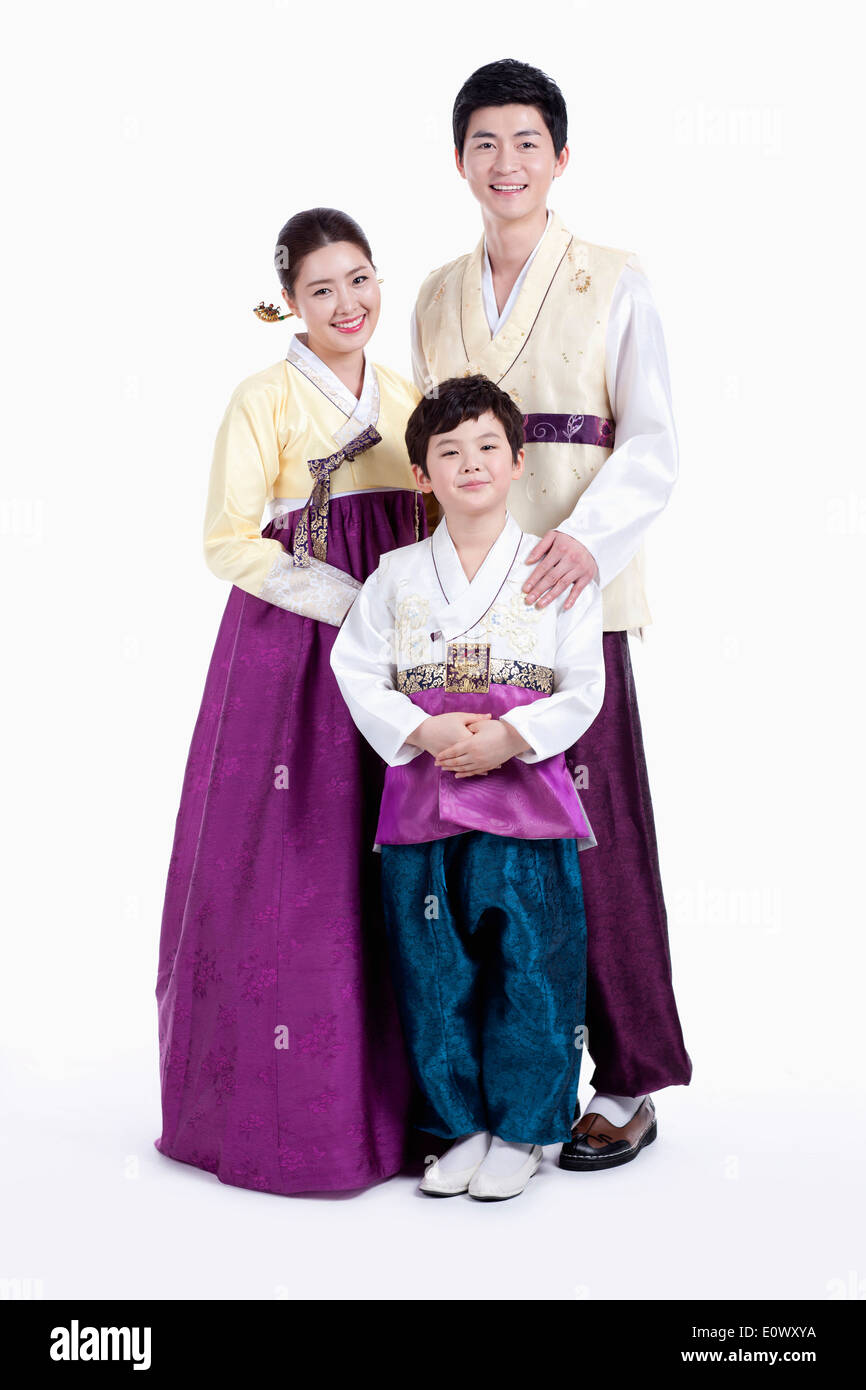 a family wearing traditional Korean outfits Stock Photo
