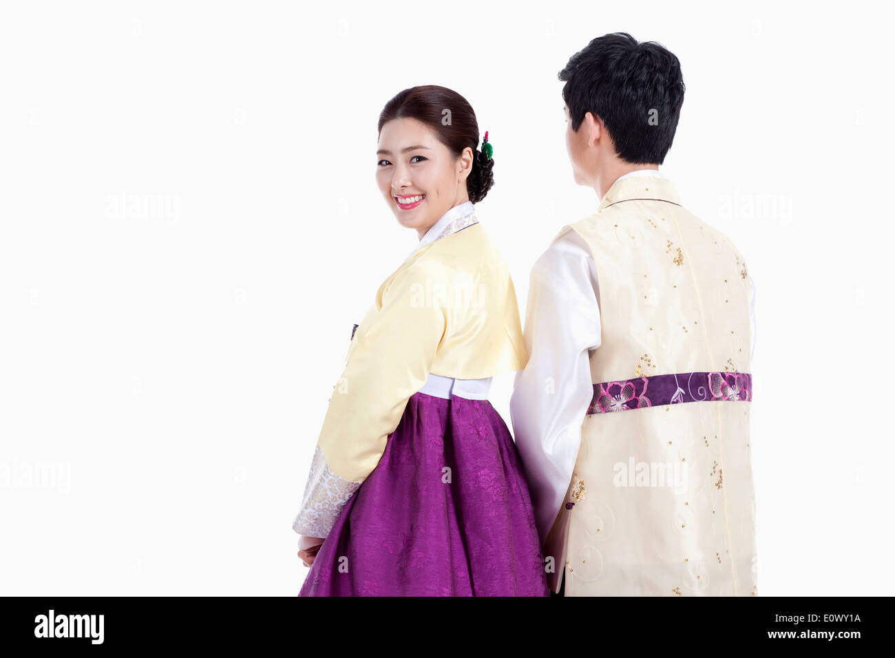 a couple wearing traditional Korean outfits Stock Photo