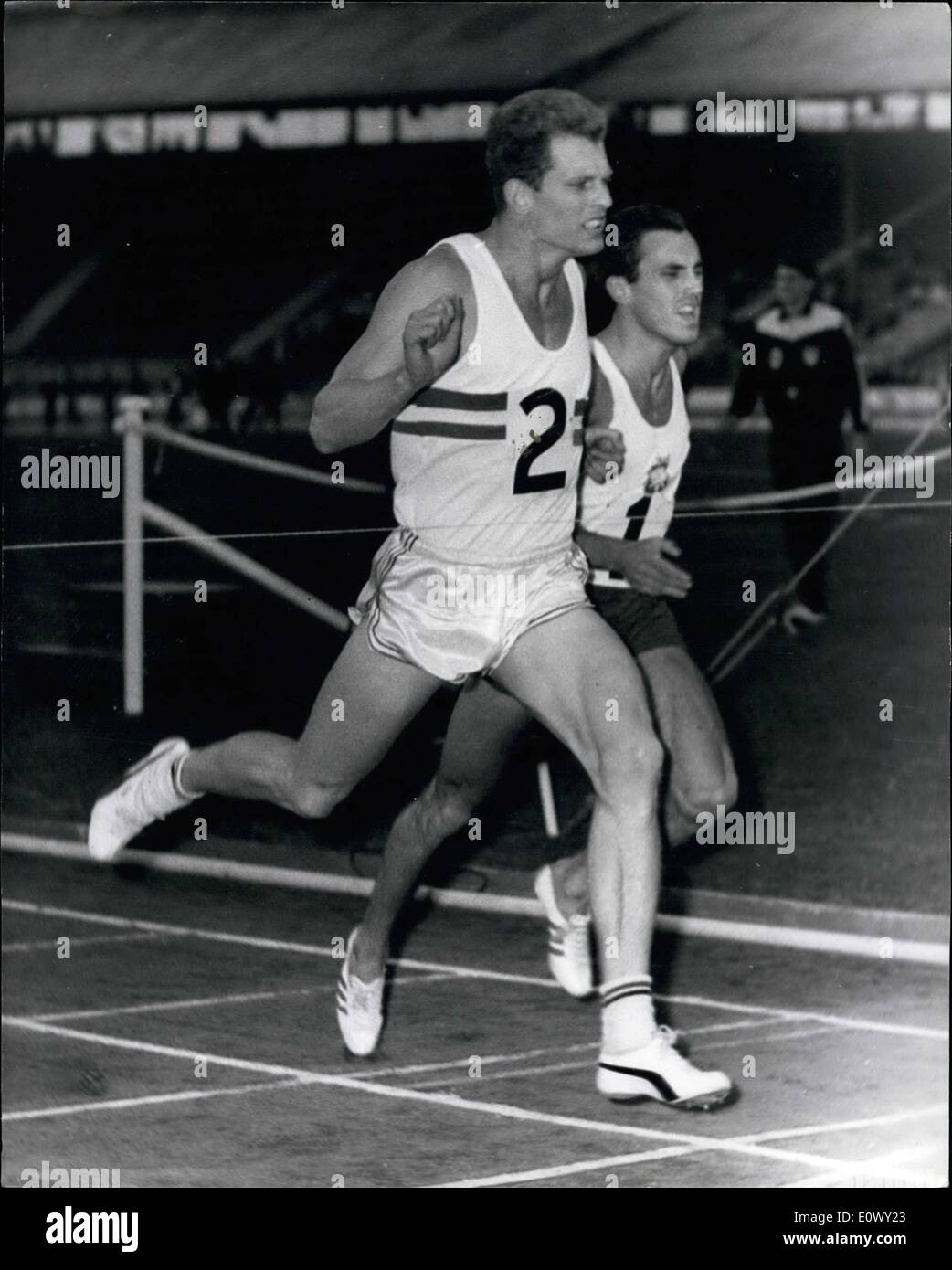 Aug. 08, 1964 - Robbie Brightwell Wins 400 Meter Event.. Highlight of the Great Britain versus Poland International Athletic and Field Match at White City-London last night was the 400 meters event.Winner was Britain's Robbie Brightwell (No.2) in 46.2 sec-just beating Poland's Andrezej Badenski No.1 in 46.2 and Britain's Tim Graham third in 47.3. Stock Photo