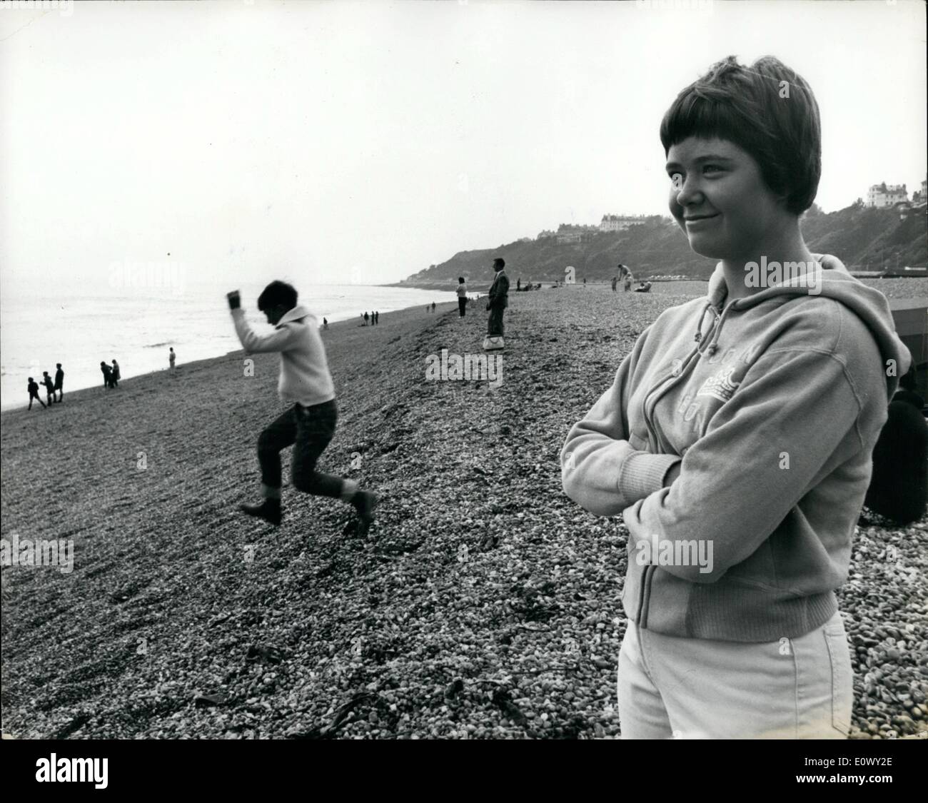 Aug. 08, 1964 - 14-Year-old Californian schoolgirl to attempt to swim the English channel: Yesterday's cold, grey English Channel failed to daunt 14-year-old Leonora Modell who has come from sunny California to swim it. She was picked as a ''guinea pig'' for a scientific experiment designed to build stamina and energy. Mr. Paul Herron, her coach, who has swum the Channel both ways, said she was picked for the test because she was the poorest swimmer in her class, now she holds several swimming records Stock Photo
