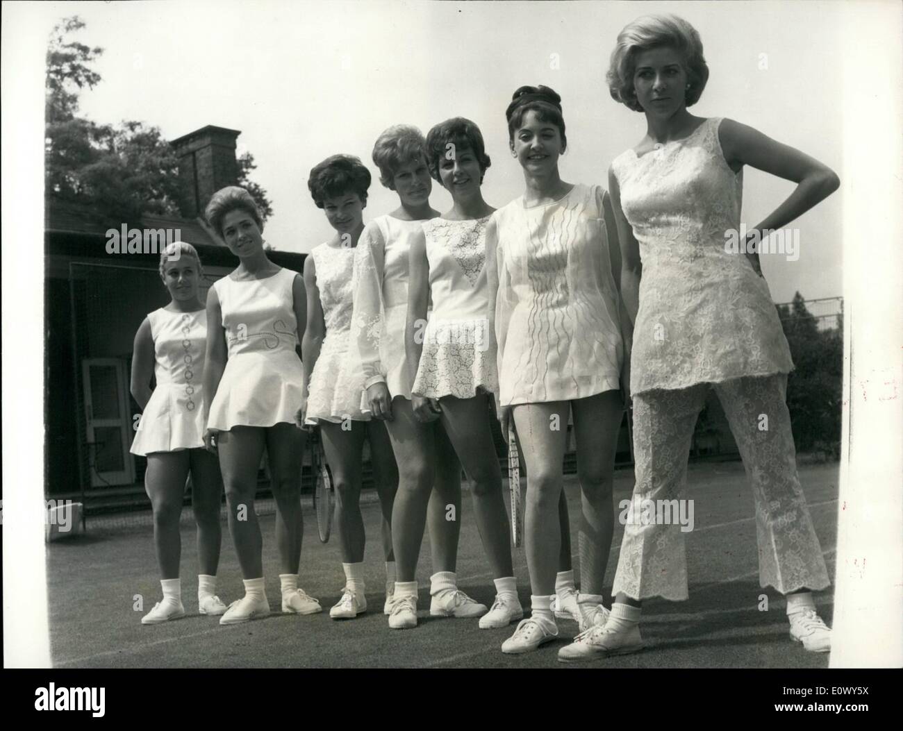 Jun. 06, 1964 - Pre-Wimbledon Reception At Hurlingham Club Seven Girls Show Their Wimbledon Fashions: The International Lawn Tennis Club's reception for Overseas players -prior to the opening of Wimbledon was held this afternoon at Hurlingham club. Photo Shows: some of the Tennis stars line up L to R. Miss Subiraz (Mexico) Miss Coranado (Spain) Miss Schultza, (W Germany) Miss Vanzyl (S Africa) Miss Buend (Brazil) Miss Butler (U.S.) Miss Pericoli (Italy) Stock Photo