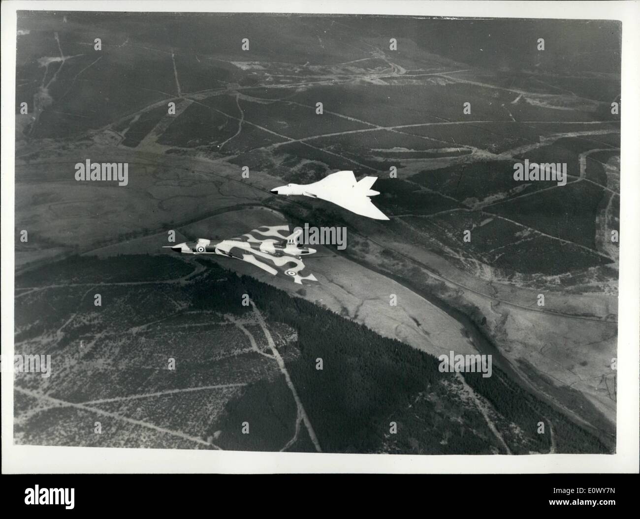 Jun. 06, 1964 - British official photograph . Issued for the Royal air force by the central office of information .London. First pictures showing (Foreground) a Vulcan B Mk 2 camouflaged for royal air force command's low-level role. The aircraft, from R.A. f. coningsby, lines. is flying in company with a white - painted B. mk. 2. from no.230operational conversion unit, R.a.f. Finningley, York. Stock Photo