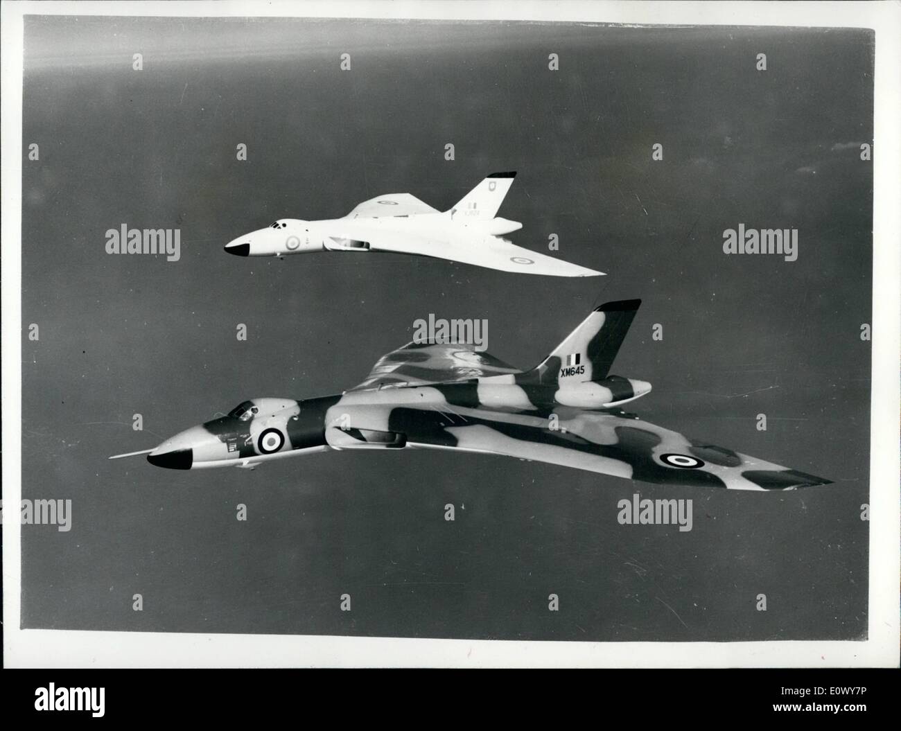 Jun. 06, 1964 - British official photograph . Issued for the Royal air force by the central office of information .London. First pictures showing (Foreground0 a Vulcan B Mk 2 camouflaged for royal air force command's low-level role. The aircraft, from R.A. f. coningsby, lines. is flying in company with a white - painted B. mk. 2. from no.230operational conversion unit, R.a.f. finningley, york. Stock Photo