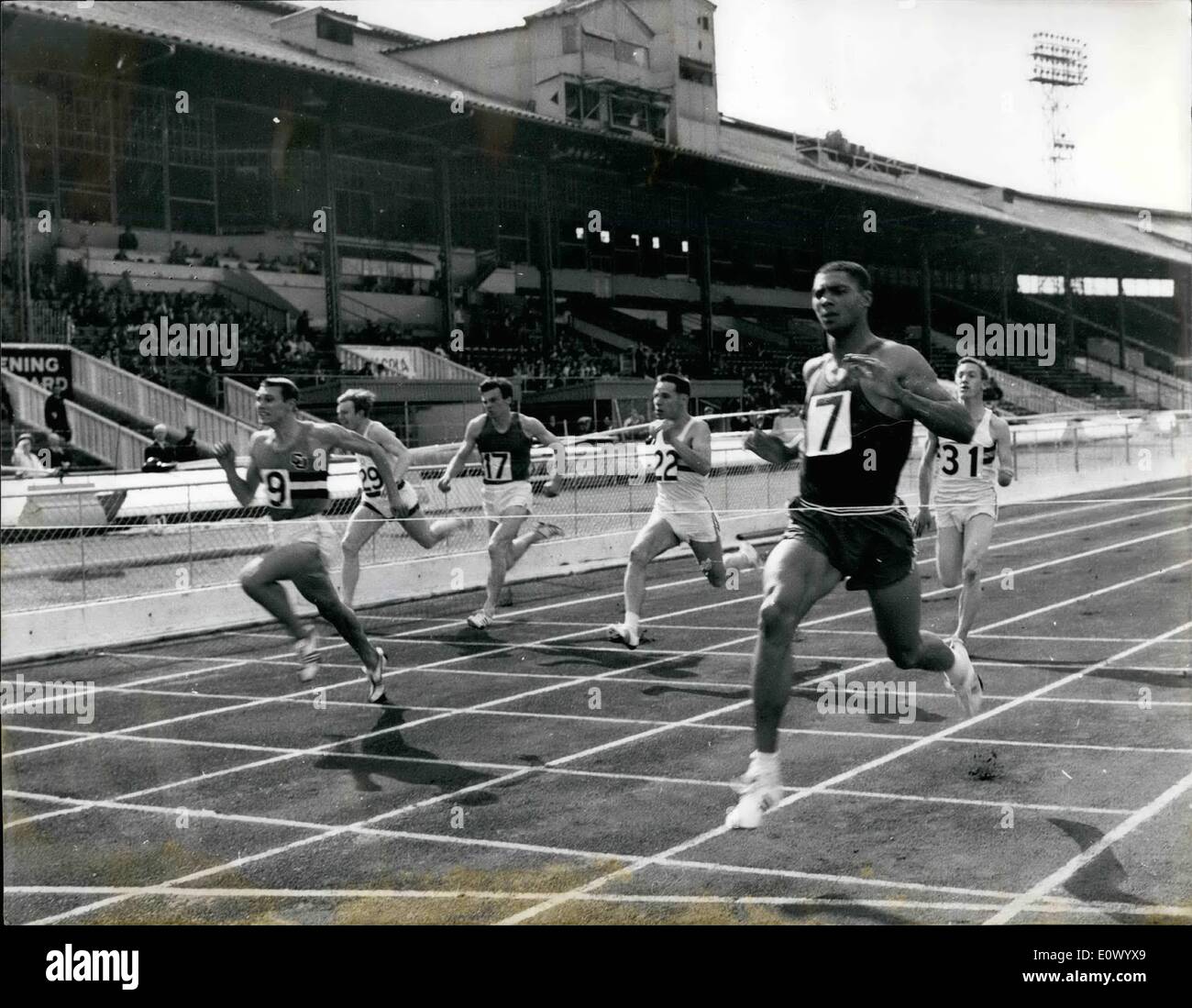 Jul. 07, 1964 - AAA SPORTS AT WHITE CITY H CARR OF USA WINS FIRST HEAT OF ;LOOYDS PHOTO SHOWS: H CARR NO.7, USA Winning the first heat of the 100, yds, from C Heskin of Hercules A C. at the White City this Evening. Stock Photo