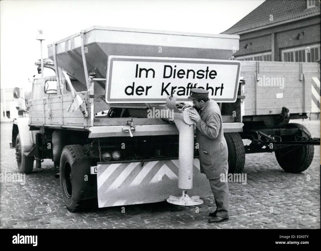 Nov. 11, 1964 - Reday for snow and ice are the special vehicles of the german autobahn conroll offices, The Vehicles bear big signs saying ''At traffic's service'' to warn reckless drivers which pass these cars in dangerous ways. Stock Photo