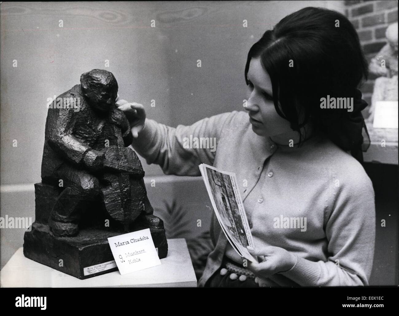 Dec. 12, 1964 - Art created by Polish miners is shown at an exhibition in Duesseldorf. The miners created the paintings and sculptor during their leisure time as as rare and very fine hobby. One of the sculptures, named ''Musician'' was made cut of a great stone coal block. Stock Photo