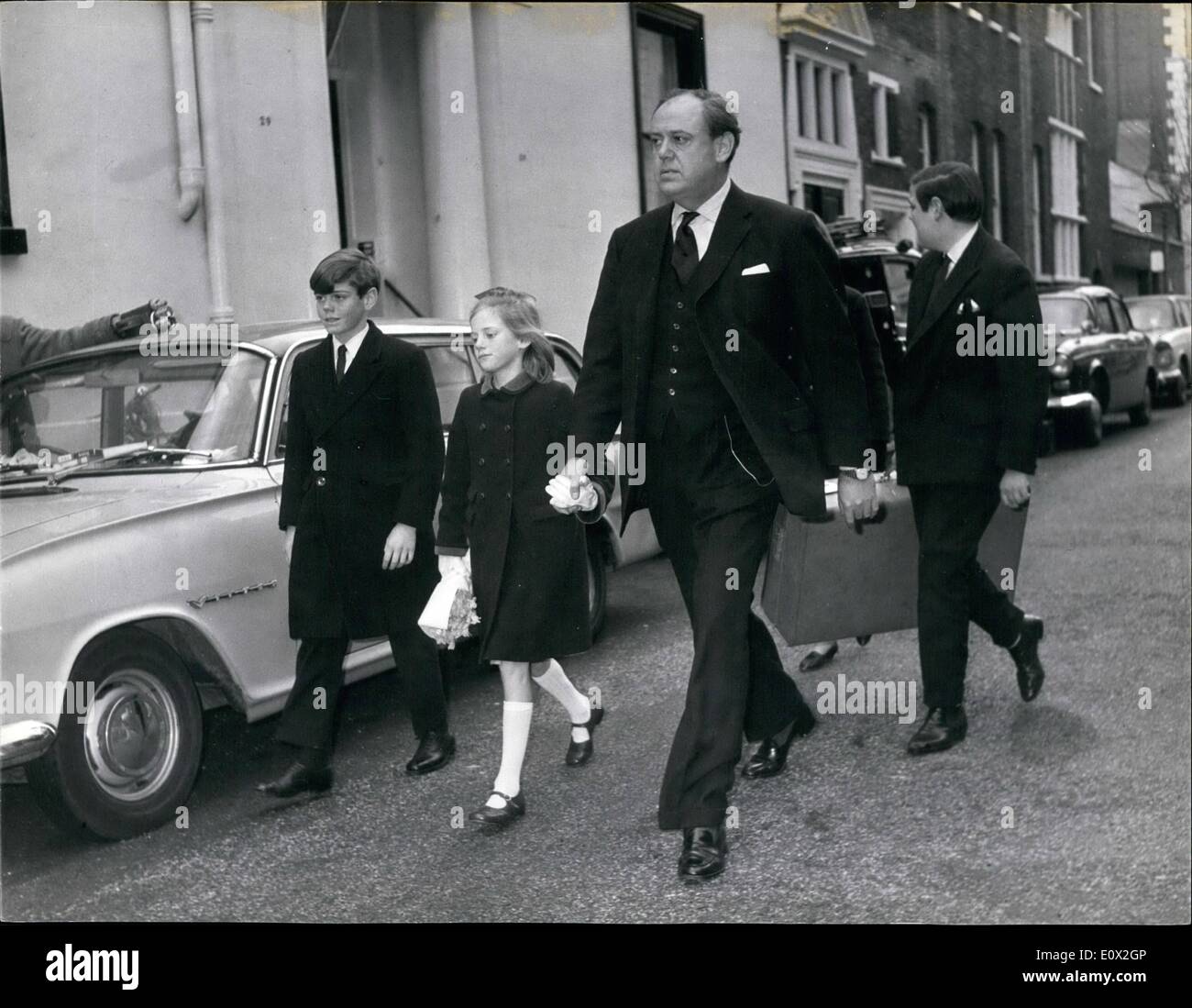 Jan. 01, 1965 - Sir Winston Is Visited By His Grandchildren. Keystone Photo Shows:- Mr. Christopher Soames - Sir Winston Churchill's son-in-law - seen with his children L-R: - Jeremy - Charlotte and Nicholas when they called at 28 Hyde Park Gate - to see Sir Winston. Stock Photo