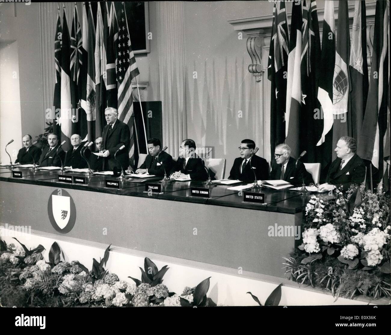 Mar. 03, 1965 - OPENING OF SEATO COUNCIL OF MINISTER,. The tenth meeting of the South-Nest Asia Treaty Organisation Council of Ministers, opened this morning at the Banqueting Hall, Whitehall. PHOTO SHOWS:- General view showing MR. HAROLD WILSON, the Prime Mnister, addressing the meeting at the opening ceremonies. ( L to R): PAUL HASLUCK, Minister of External Affairs, of Australis; M. ACHILLE CLARAC, of France, who is attending only as an observer; MR. D.J. EYRE, New Zealand's Minister of Defence; MR, ZULFIKAR ALI BHUTTO , Pakistan Foreign Minister; MR. WILSON; MR Stock Photo