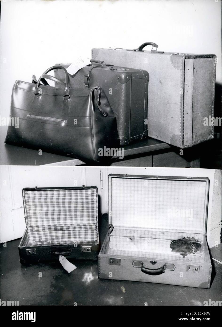 Mar. 03, 1965 - Whorrible find made the men of the lost property office in'the anich Main Station on the morning of March 2nd, when they opened wo oases, which were ''forgotten'' in March lst in the train E 327 rom Lindau/Bodensee. he. officials discovered some parts of a devided dead body of an bout 30 years old woman. the afternoon of the March 2nd also in the train 0 827, which his day also came from Lindau, was found a travelling bag, whose ontnt also was very horrible: the head and the right hand of he murdered woman Stock Photo