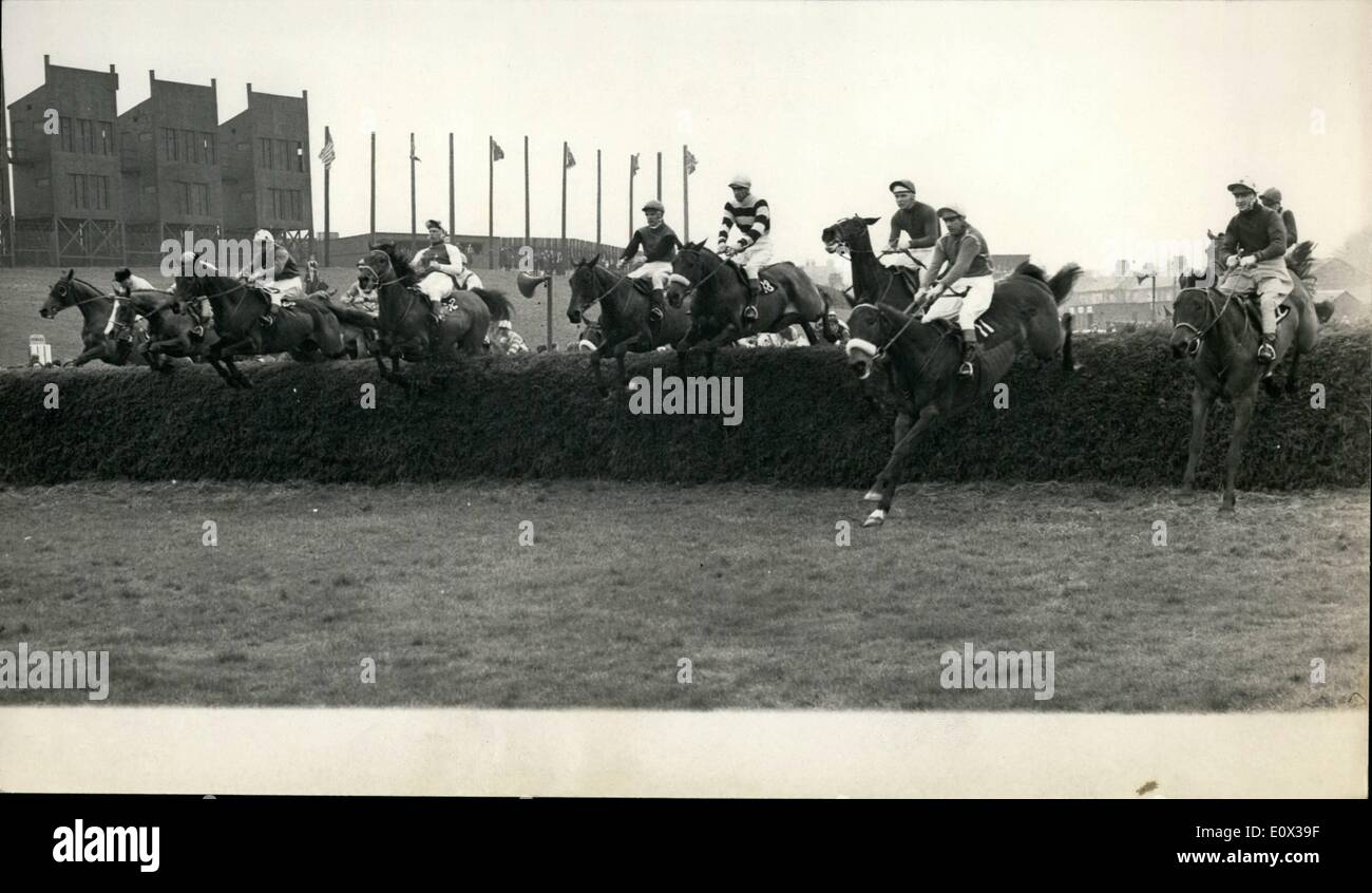 Mar. 03, 1965 - An American horse wins the 1965 Grand National at Aintree today. : The American horse ''Jay Trump'' ridden by Crompton Smith, beat the favourite ''Freddie'' in a thrilling finish to win the 1965 Grand National Chase at Aintree, Liverpool, today. ''Mr. Jones'' was placed third. Photo shows some of the 47 riders take the first jump during the race today. Stock Photo