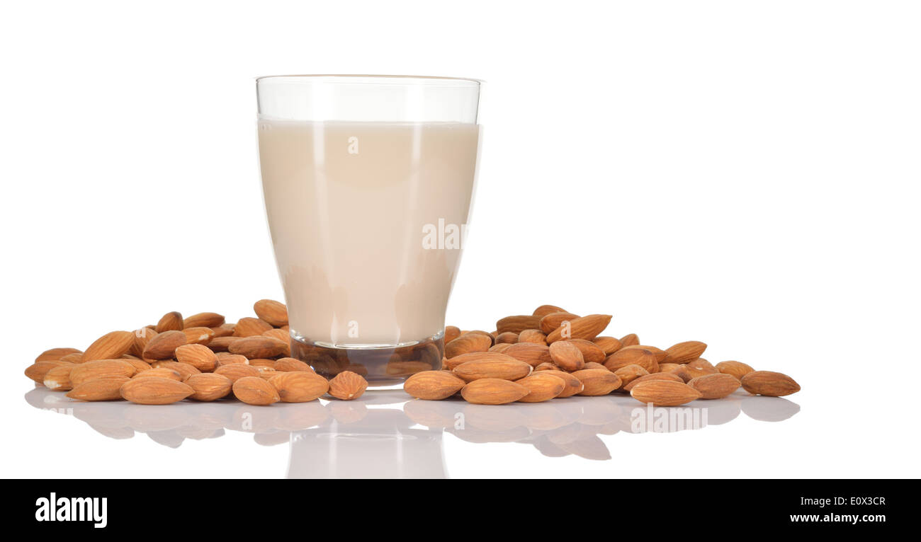 Almond milk as a substitute for dairy milk. Glass of almond milk and