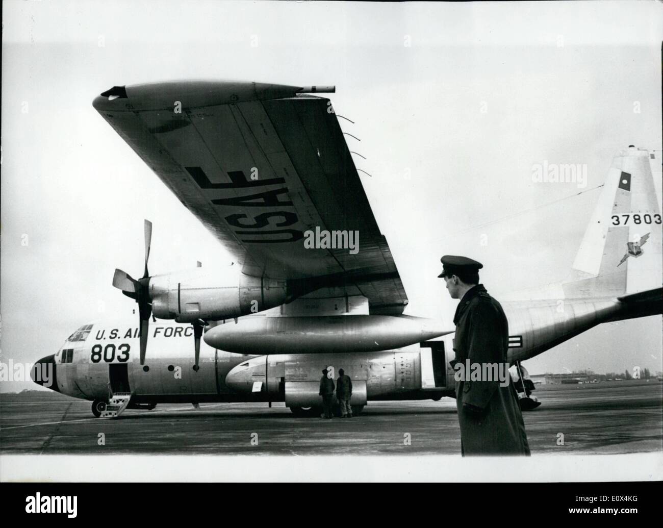 Feb. 02, 1965 - American C.130 E; Aircraft - Demonstrated For Air Force Controversy Over Decision To Buy: An American Hecules Freighter - the Lockheed C. 130 E.was flown from Paris Yesterday for a demonstration of its capabilities for the R.A.F. - at Northolt...The Government has announced that a few these aircraft are to be Purchased for the R.A.F. - in a storm controversy instead of the British Superior machine - Newaker Siddeley 681. The C.13CE can take off in 650 ft. land in 1,000 ft. top speed of 370 m.p.h. and can carry 64 fully equipped troops of 20 tons of Cargo. Photo Shows An R.A.F Stock Photo