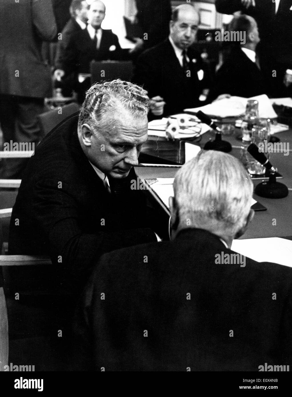 George Ball talking with Michael Stewart at the NATO Ministerial Meeting of 1965 Stock Photo