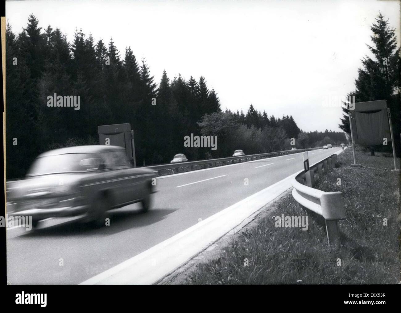 May 26, 1965 - The most modern, electronic traffic signs of Europe went up in Germany on the Autobahn between Salzburg and Munich. The signs were shown at the traffic exhibition in Munich. Every two kilometers these signs will be on the side of the road showing various important traffic information such as: speed limits, passing zones, and accidents. Pictured here are the future electronic signs before they went into use. Stock Photo