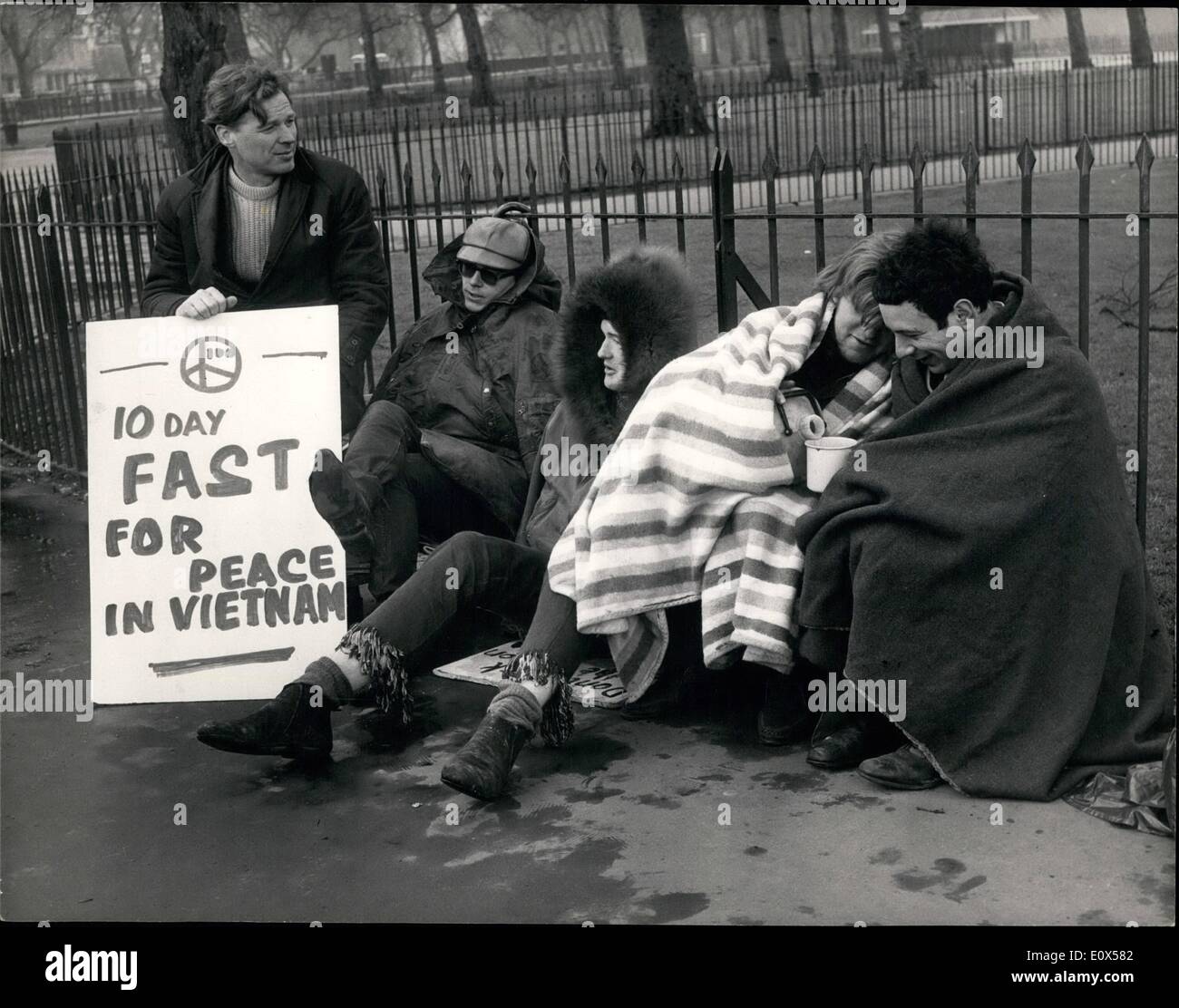 Apr. 04, 1965 - Committee Of 100 Supporters ON East: A dozen supporters of the Committee of 100 last night at Speakers Corner, Hyde Park, began a 10-day fast in Protest against the war in Vietnam, they will spend the nights in Friends House, St. Martin's Lane. Five of the faster where at Speaker';s Corner this morning - the others were appearing in Court. They will allow themselves four pints of water a day.Photo Shows The five faster at Speakers Corner this morning - (L-R): Inge Oskarsson, of Sweden; Juliana Maurice Stock Photo