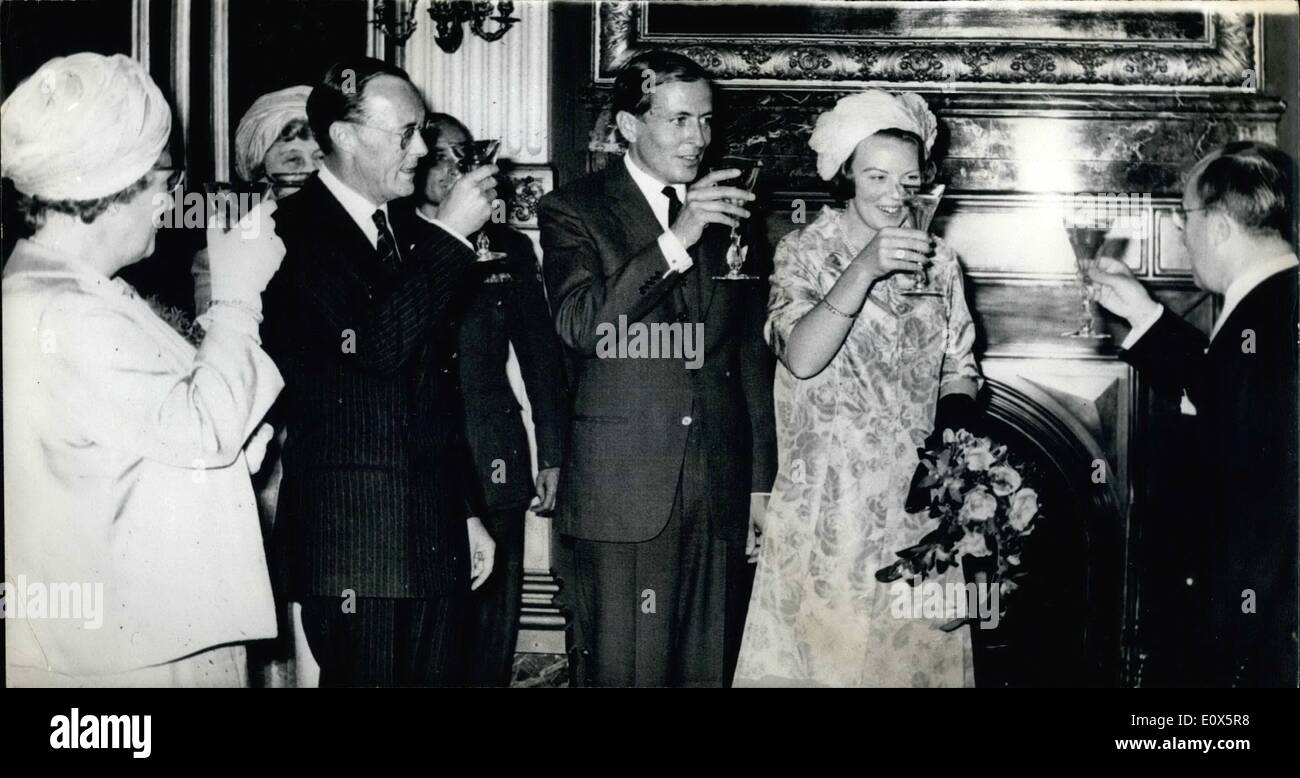 Jun. 06, 1965 - Princess Beatrix And Fiance Meet The Dutch Ministers: Yesterday in the Treves-room at the Binnenhof in the Hague, Princess Beatrix presended her Fiance Claus Von Amsberg, the members of the Dutch Government and their wives. Queen Juliana and Prince Bernhard also attended the meeting. Photo shows The Prime Minister Mr. Cals on right toasting the happy couple on the left is Queen Juliana and Prince Bernhard also toasting them also. Stock Photo