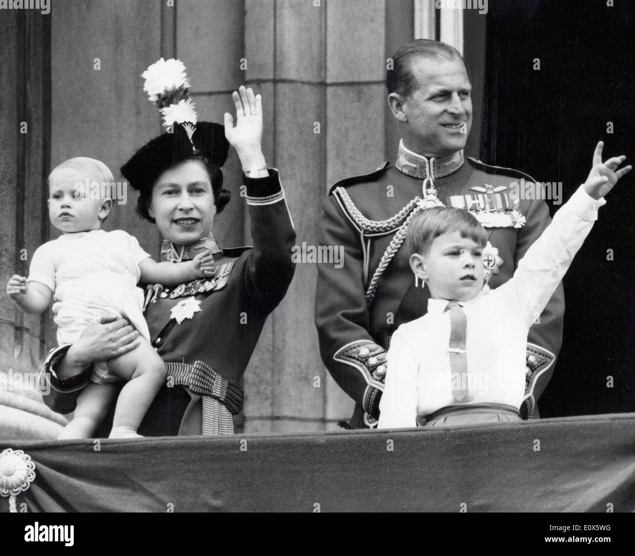 Queen Elizabeth II and her family wave on her birthday Stock Photo