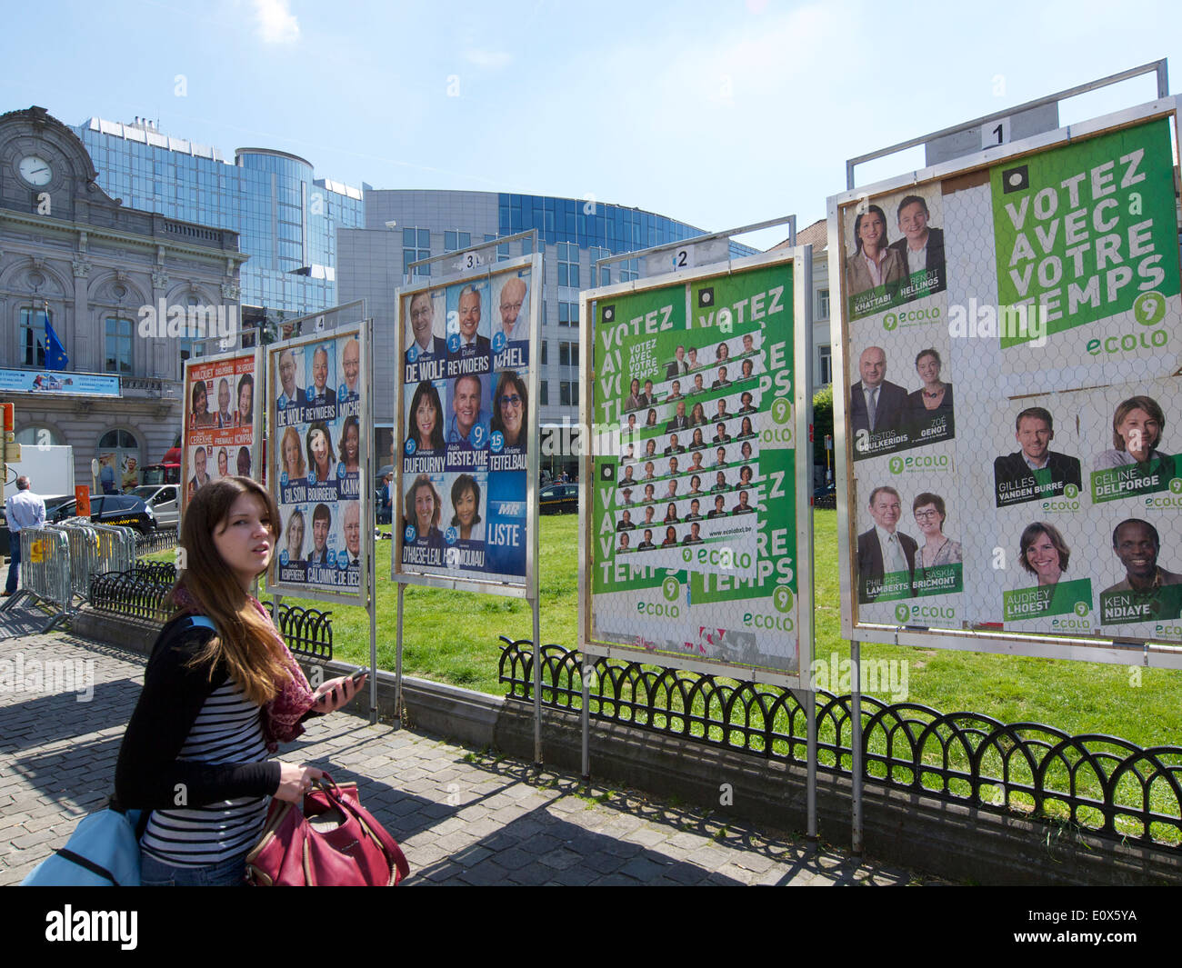 European election posters on the place Luxembourg square in the EU quarter of Brussels, Belgium Stock Photo