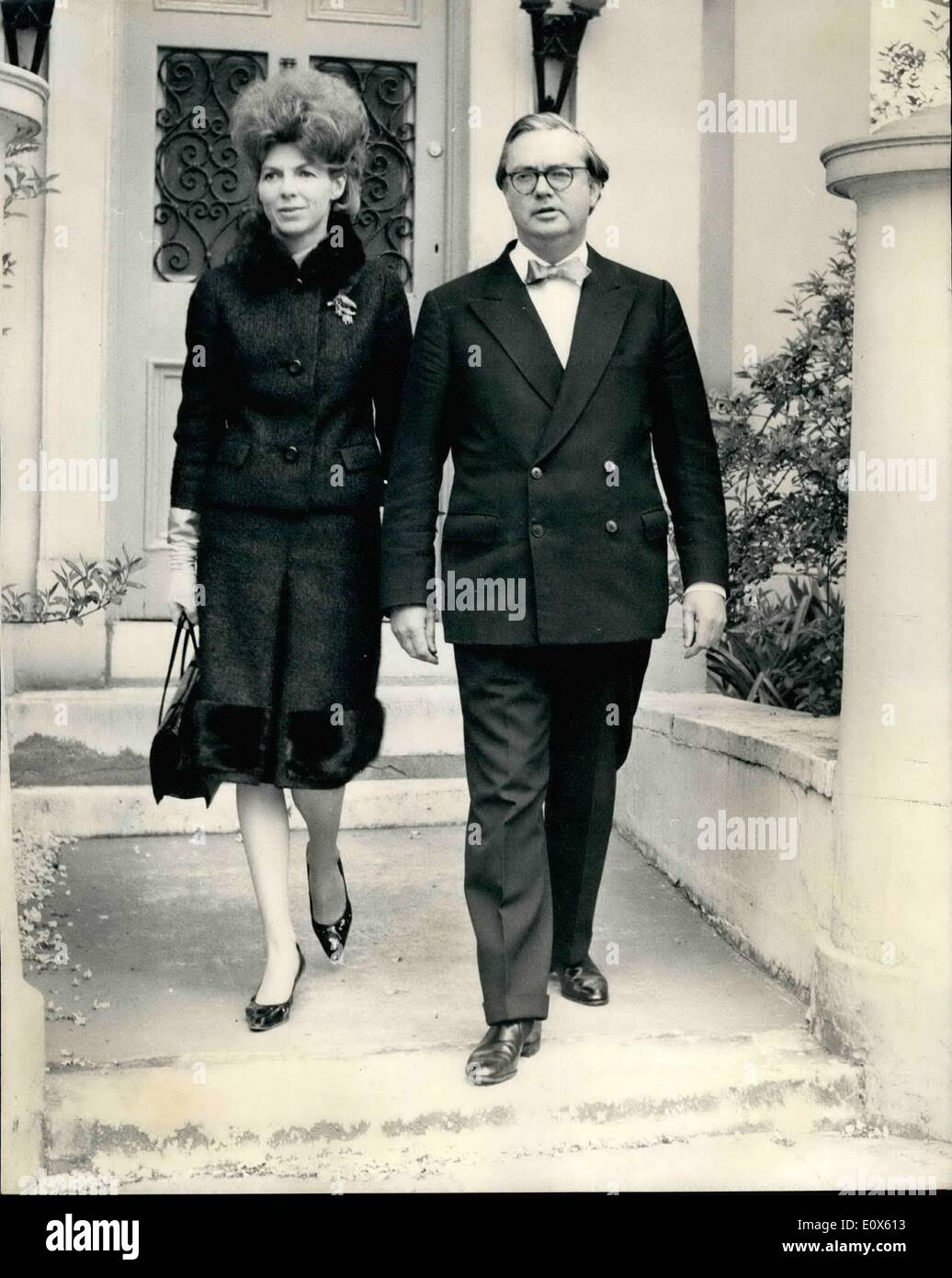 May 05, 1965 - Woodrow Wyatt, labour steel rebel leaves for the house. Photo shows:  Labour's steel rebel Mr. Woodrow Wyatt, pictured with his wife, as they left for the house of commons, where the parliamentary vote on the nationalism of steel takes place tonight. Stock Photo