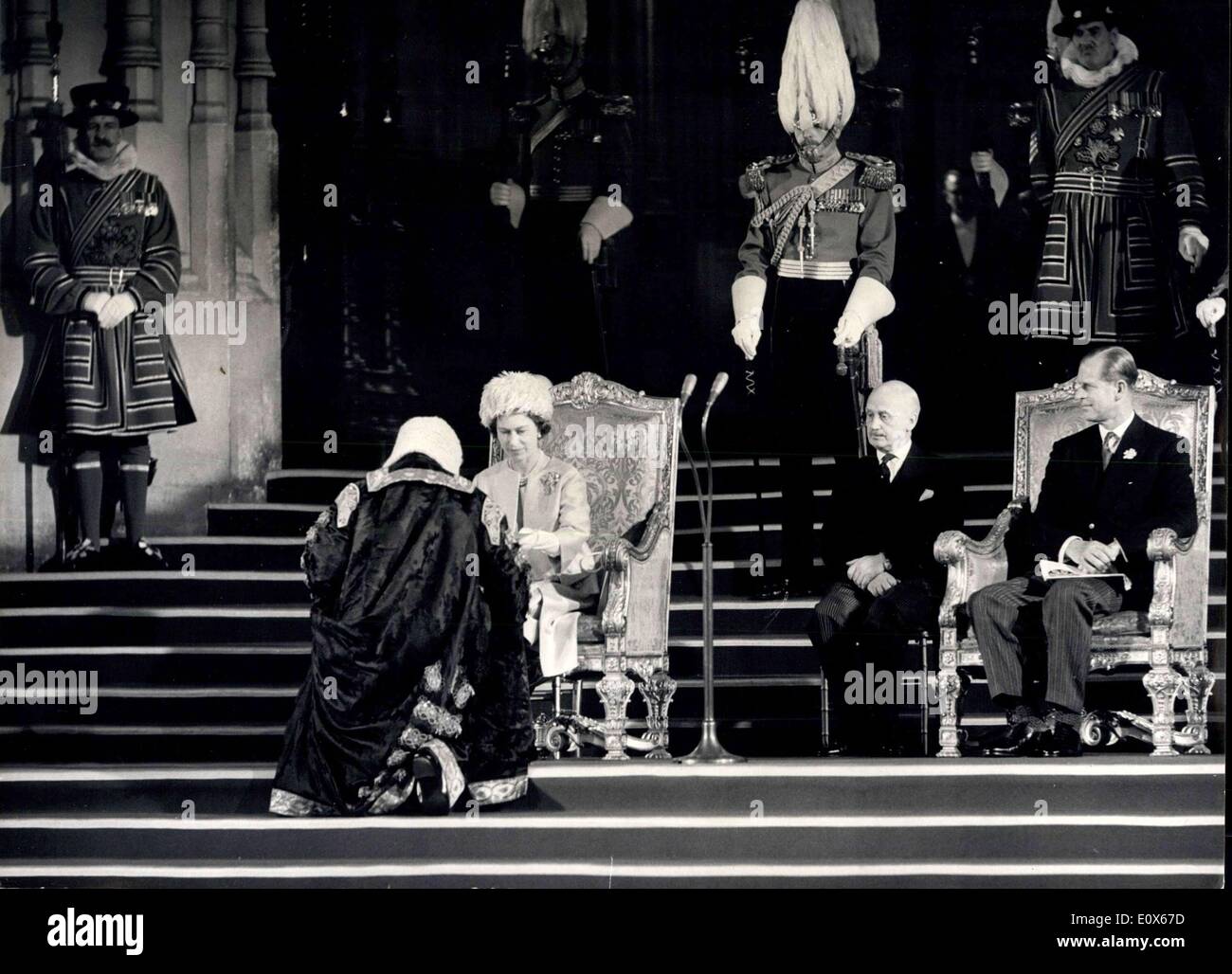 Jun. 22, 1965 - The Queen attends the 700th anniversary of Parliament: In the flower-decked Westminster Hall today H.M. The Queen, and other members of the Royal Family, attended a ceremony to mark the 700th anniversary of Parliament. Simon de Montfort, Earl of Leicester, convened the first Parliament which sat between 20th January and the end of March, 1265, in the Chapter House of Westminster. Photo shows the scene as Sir Harry Hylton-Foster, Speaker of the House of Commons, presents his speech to H.M Stock Photo