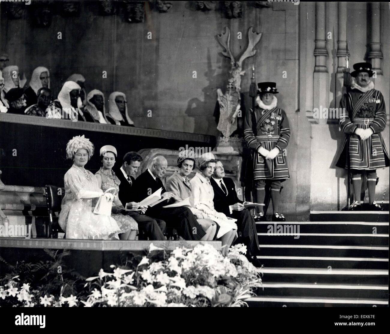 Jun. 22, 1965 - The Queen attends the 700th anniversary of Parliament: In the flower-decked Westminster Hall today H.M. The Queen, and other members of the Royal Family, attended a ceremony to mark the 700th anniversary of Parliament. Simon de Montfort, Earl of Leicester, convened the first Parliament which sat between 20th January and the end of March, 1265, in the Chapter House of Westminster. Photo shows the scene as Sir Harry Hylton-Foster, Speaker of the House of Commons, presents his speech to H.M Stock Photo