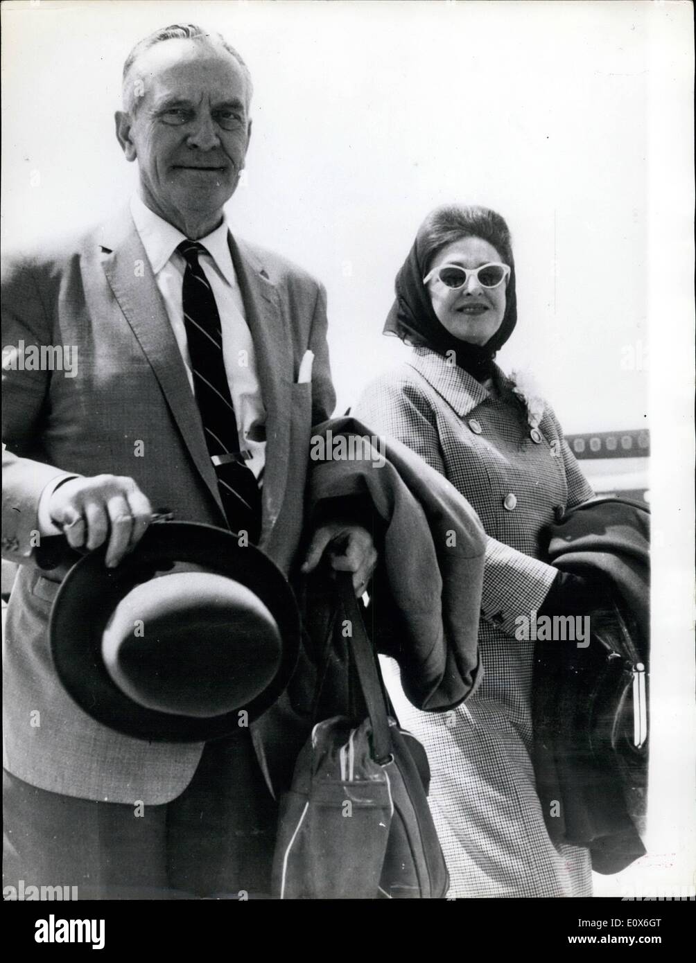 May 05, 1965 - Actor Fredric March and wife in Rome: Fredric March, one of the finest actors Hollywood produced pictured with his wife, actress Florence Eldridge, when they arrived in Rome on Sunday. Stock Photo
