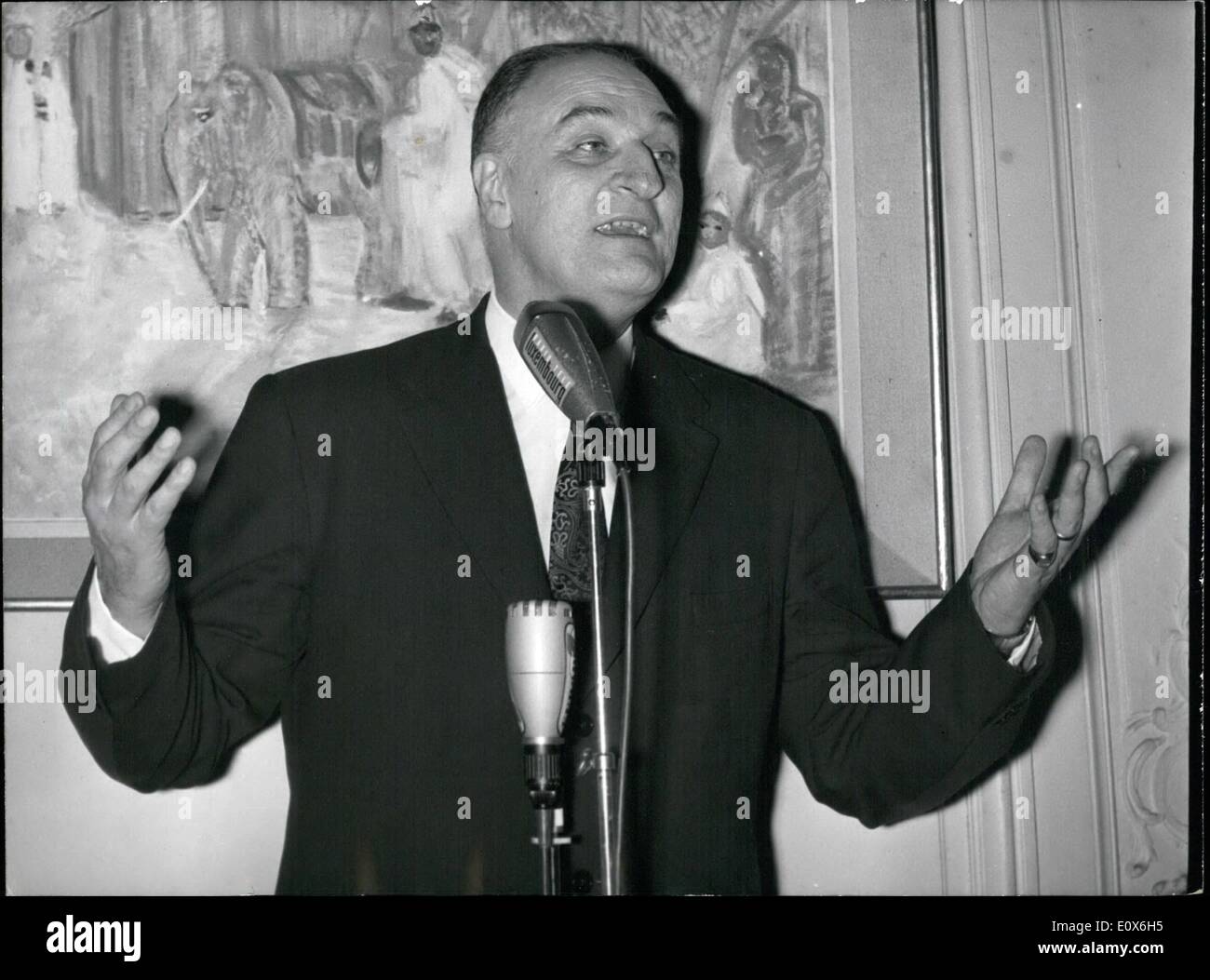 May 05, 1965 - Candidate To De Gaulle's Succession Takes De Gaulle's Attitude: Pierre Marcilhacy, Liberals' candidate to the presidency of the republic, was a guest at a luncheon given by Paris Parliamentary reporters to-day. Photo Shows Pierre Marcilhacy addressing the newspapermen, note the gesture made famous by De Gaulle was it spontaneous or an imitation?&gt; Stock Photo