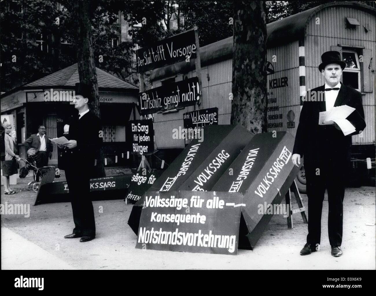 Aug. 08, 1965 - Not everybody was able to develop a liking. For the demonstrations of the members of the ''German Ban the Bomb Organization'' which took place on august 21st in Frankfurt. In the City of Frankfurt the passers - by looked for this macabre scene - ''Public coffins for every - body''. The members of the Anti-Atomic associations are protesting against the emergency bills of the German federal government. They hope that their black coiffing traps give the population cause for resistance. Stock Photo