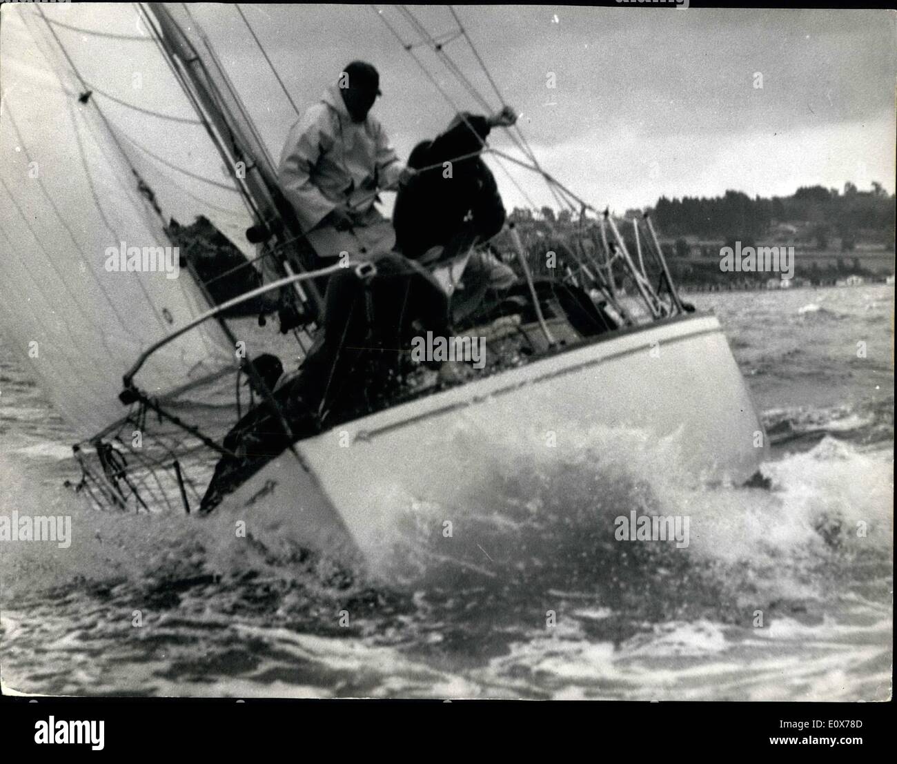 Jul. 07, 1965 - Practising for the Admiral's cup.: yachts for the Australian team which is competing for the Admiral's cur, were out training at Cowes. The cup is awarded on the combined results of the Channel race tomorrow, the Britannia cup during Cowes week and the New York Yacht club cup. The final 'leg' will be the biennial fastnet race which starts from Cowes on August 7. Photo shows Australian yacht Lorita Maria goes through heavy weather when rounding the buoy during training for the Admiral's cup races. Stock Photo