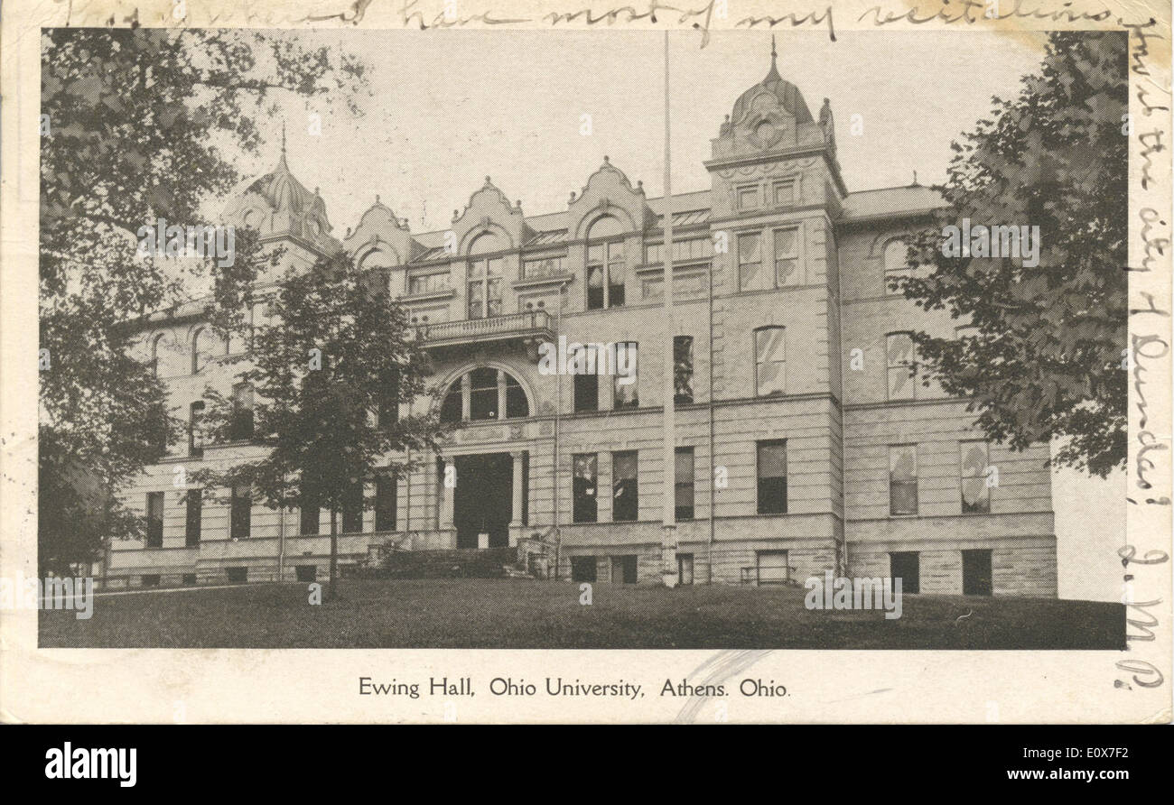 Ewing Hall, located at Ohio University in Athens, Ohio, is a historical building featured in a postcard collection, reflecting the architectural style of 19th-century American universities. Stock Photo