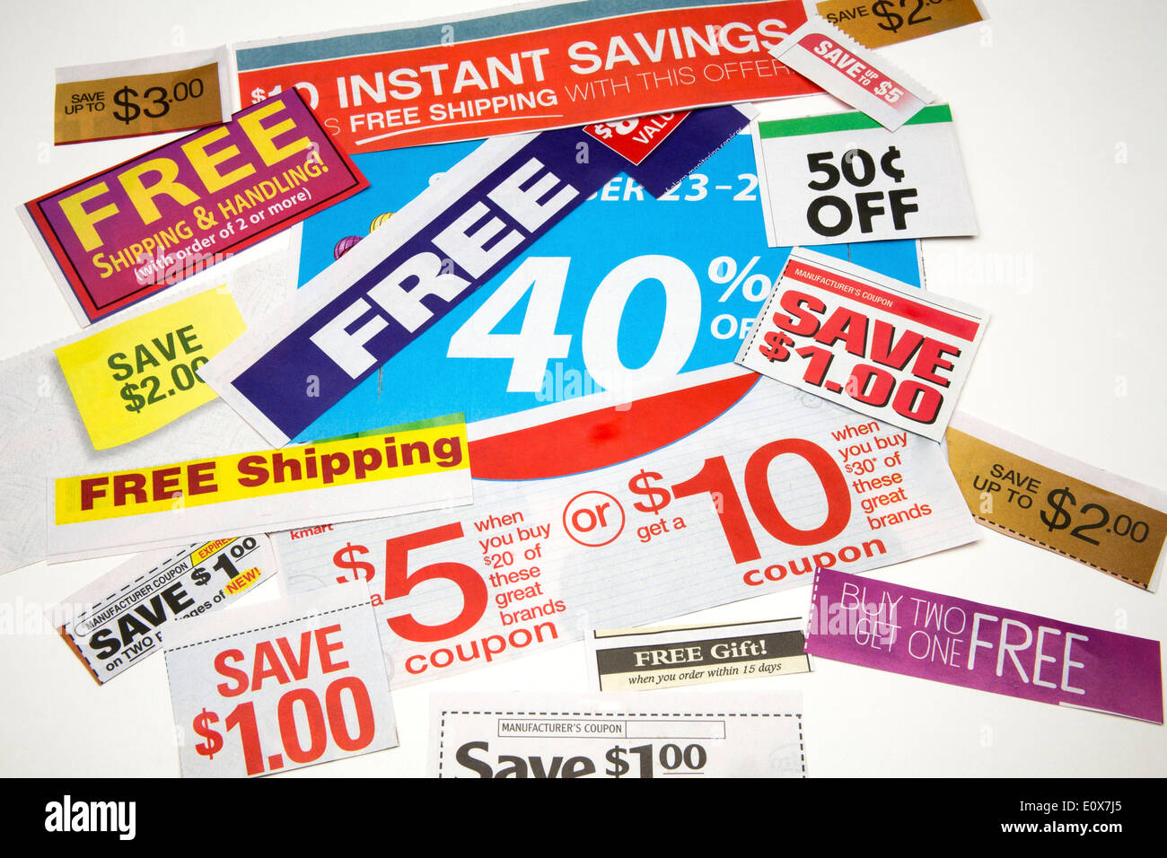Collage of coupon offers clipped from advertisements Stock Photo Alamy