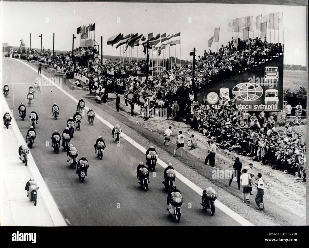 Jul. 30, 1965 - Motor Cycle Grand Prix in Czechoslovakia: The Motor Cycling Grand Prix of Czechoslovakia, the 9th event in the World Championships, took place last Sunday at Brno (Southern Moravia). Many of the world's finest riders competed. Photo shows the start of the 350 cc event at Brne. Stock Photo