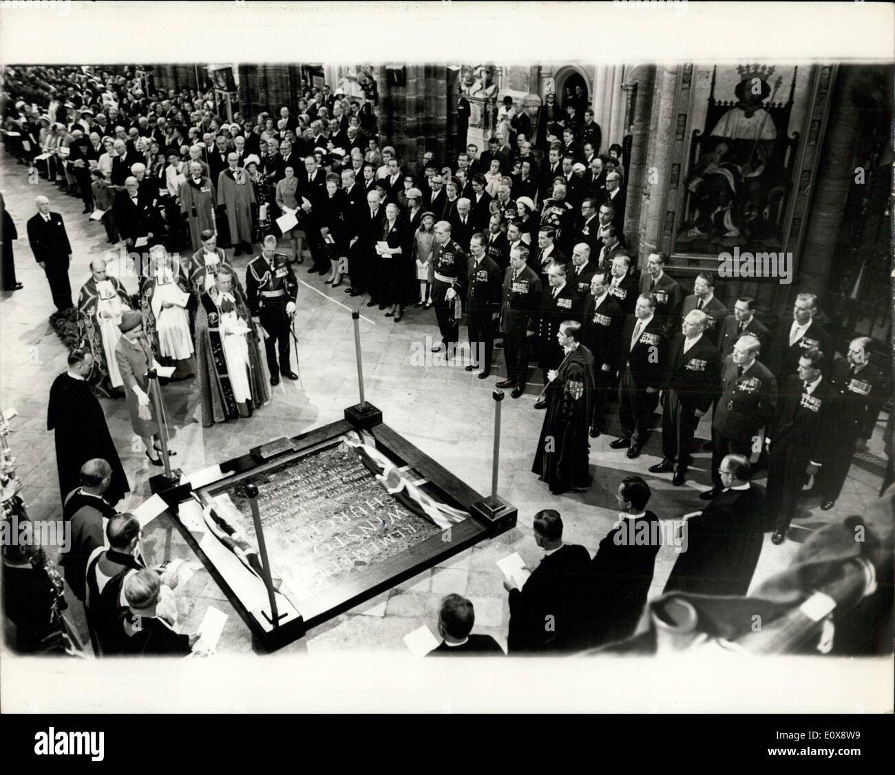 Sep. 19, 1965 - Battle Of Britain Service At Westminster Abbey Attended By The Queen And Duke Of Edinburgh: The Queen and Duke of Edinburgh attended the Battle of Britain Thanksgiving service in Westminster Abbey this morning, after the service the Queen Unveiled a Commemorative Tablet to Sir Winston Churchill at the West end of the Abbey Lady Spencer-Churchill and other members of the Churchill family attended. And after the unveiling the Queen meet 20 of the Battle of Britain Pilots who flew into battle 25, years ago Stock Photo