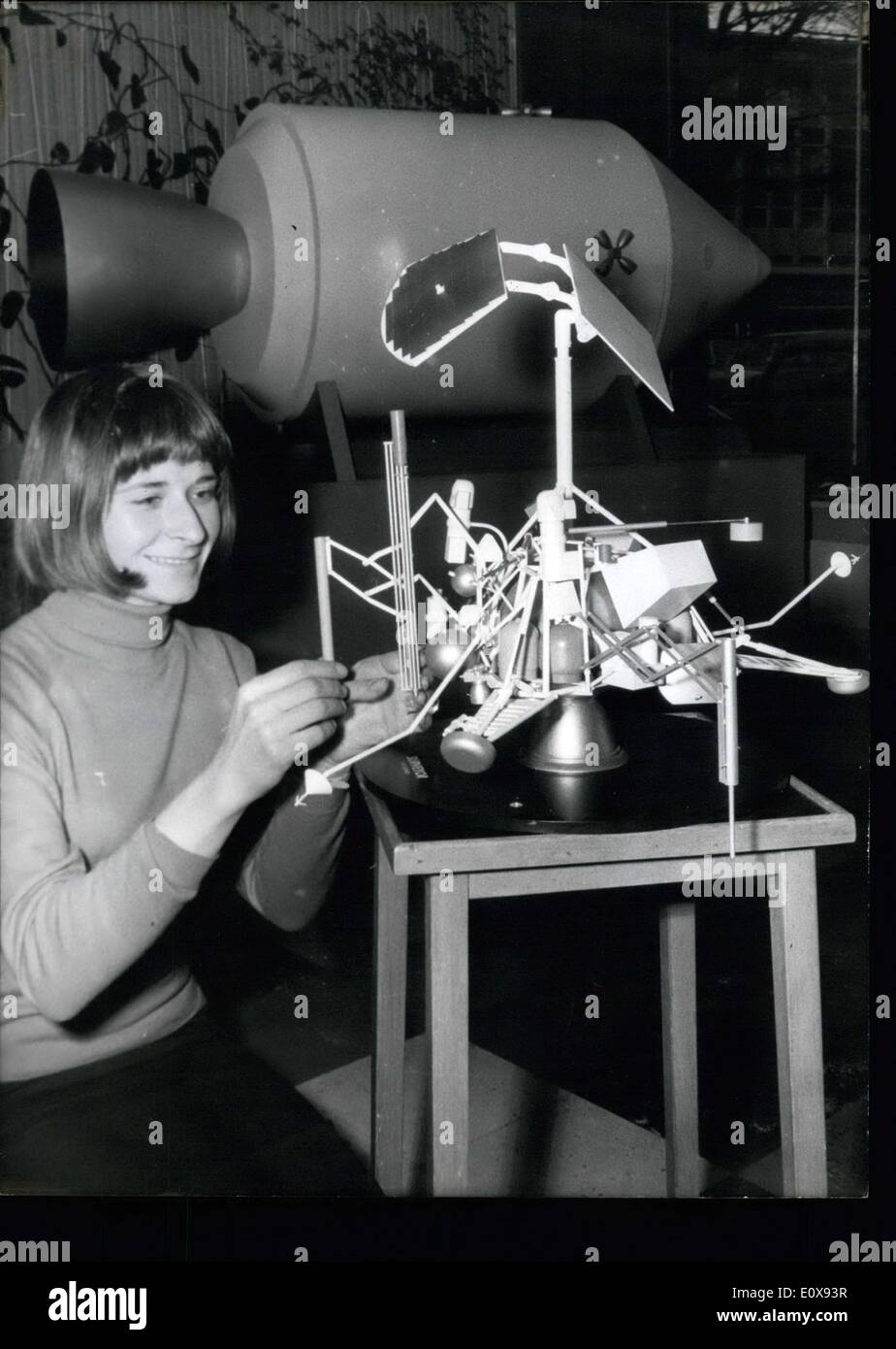 Nov. 30, 1965 - The American Space-Laboratory Surveyo has to analyse test pieces of the moon's soil and of his atmosphere. The results are transmitted by wire and television to the earth. The American government has sent a number of models of this satellite to all friendly countries in order to inform the people about the USA space program. Photo shows a model of the Surveyo-Laboratory displayed in the America House of Cologne. Stock Photo