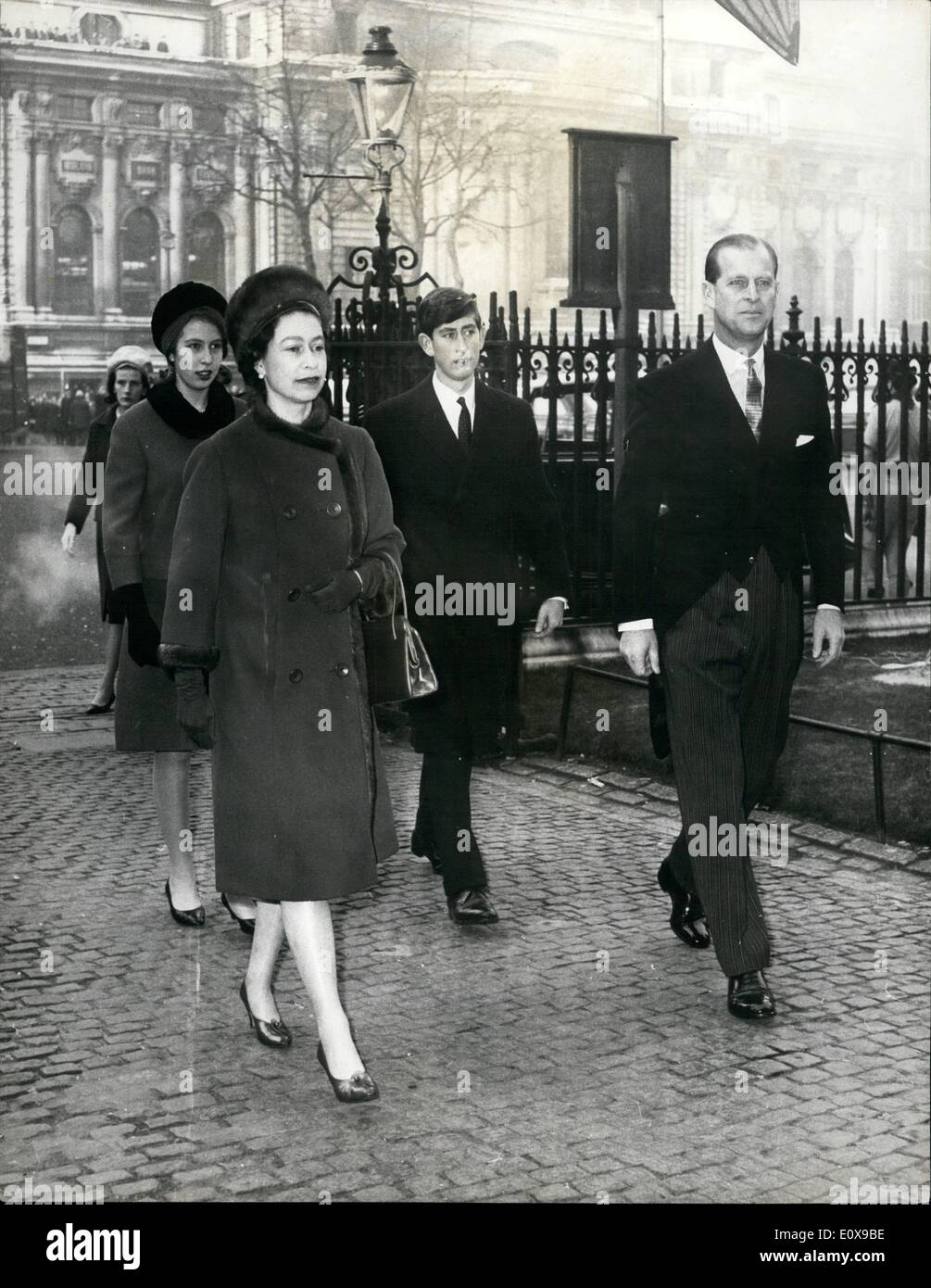 Dec. 12, 1965 - Queen Attends 900th. Anniversary Service At the Abbey: H.M. The Queen today attended the inaugural service at Westminster Abbey for the celebration commemoration the 900th. Anniversary of the abbey's consecration. Other members of the Royal Family also attended. Photo Shows H.M. The Queen With Prince Philip, Prince Charles and Princess Anne, arrive at Westminster Abbey for today's service. Stock Photo