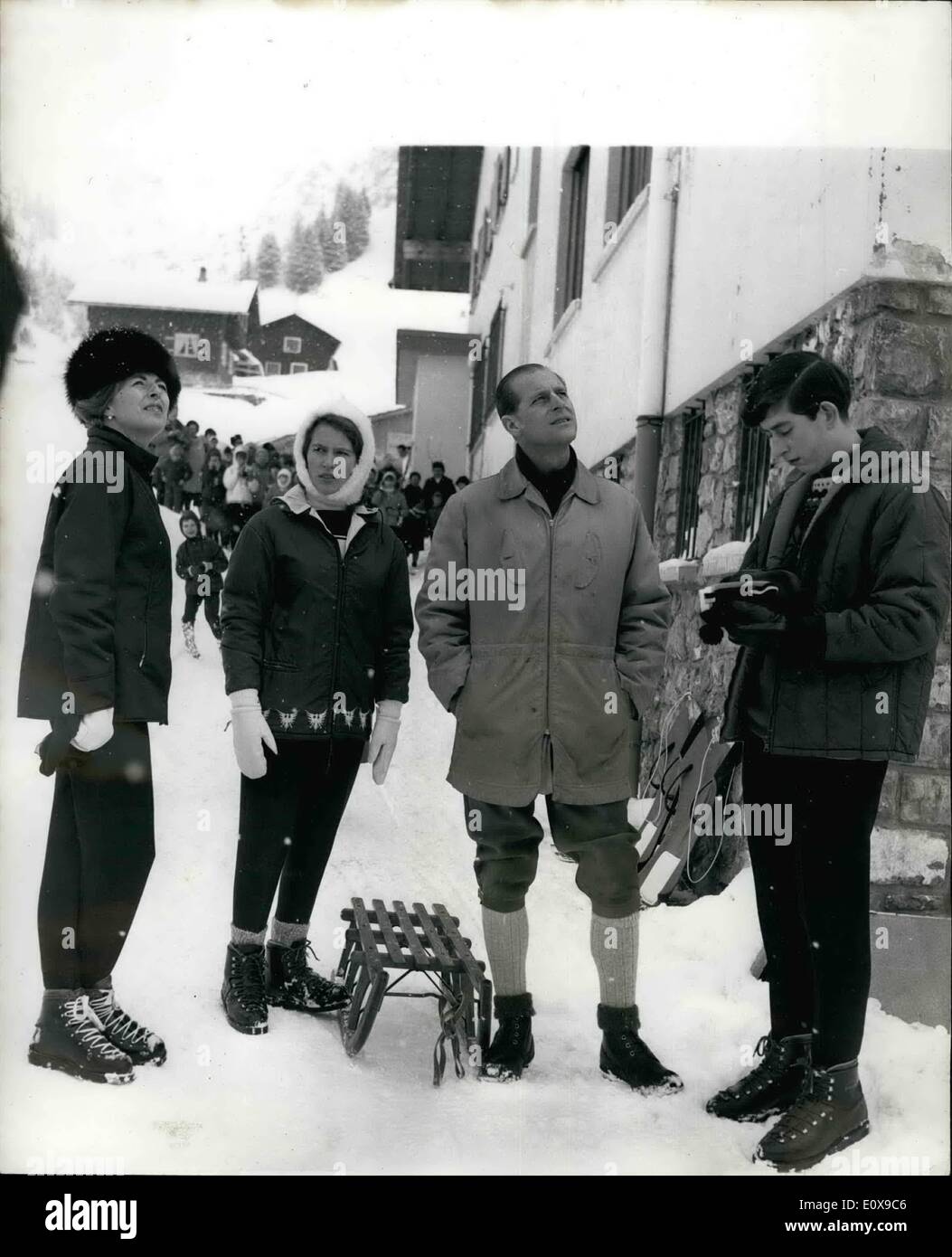 Dec. 12, 1965 - Duke And children in Lichtenstein. The duke of Edinburgh, princess Anne and prince Charles, who are on holiday in Vaduz castle as guests of princes Franz Josef II and princess Gina of liechestein, today drove to the winter resort of Malbun for their first outing in Alpine snow this season. photo shows The duke of Edinburgh, Prince Charles , princess anne and princess Gina, Pictured today at Malbun, Liechestain. Stock Photo