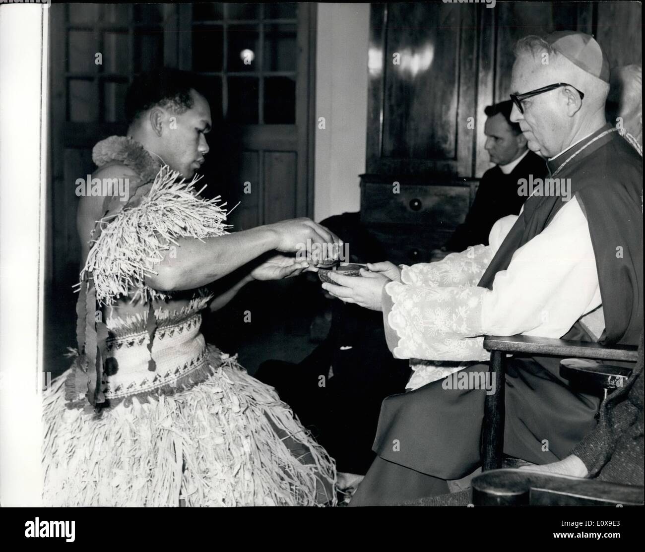 Oct. 10, 1965 - Son of a Fijian Chief ordained a priest at Westminster Cathedral.; A Fijian, the Rev. Beato Ratuloco, the son of Ratu Vika, the chief of Solevu, on the island of Vanua Levu, Fiji, was ordained by the Bishop of Fiji, the Rt. Rev Victor Foley, who was born at Sandgate, Kent. The Bishop went to Fiji as a newly ordained priest in 1936 and was appointed Bishop eight years later. After the ordination ceremony the rev. Ratuloco's many Fijian friends in England offered their congratulations in the Scared Heart Hall, Horseferry Road, according to their native custom Stock Photo