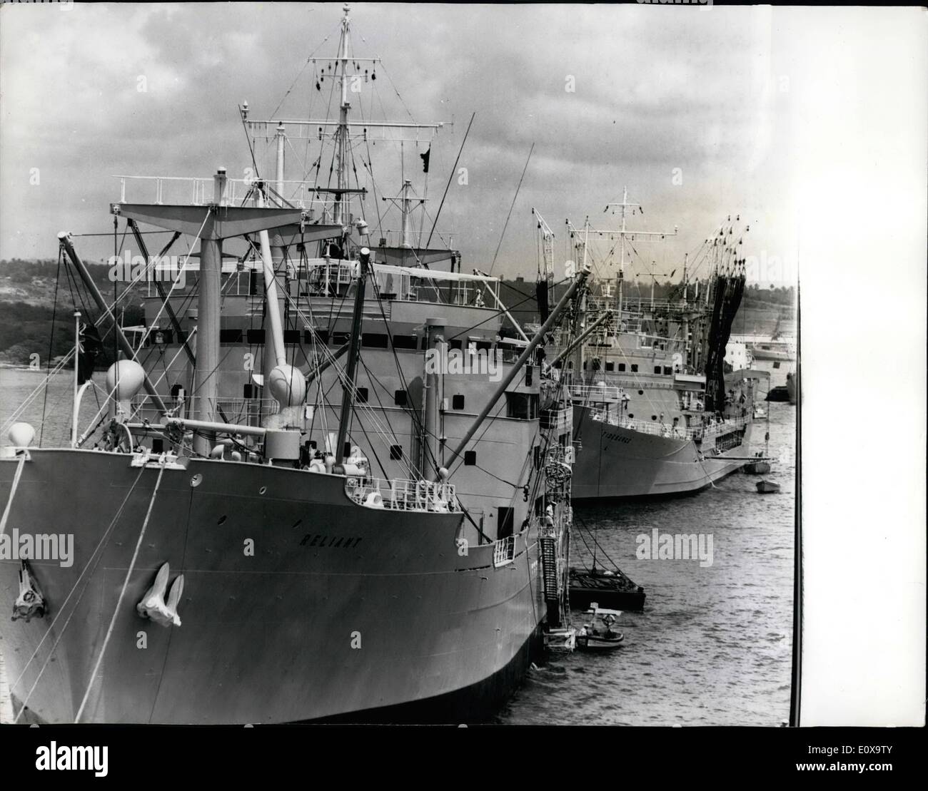 Oct. 10, 1965 - British Naval vessels in Mombasa. Three British aircraft carriers and destroyers arrived recently in Mombasa. According to reports emanating from Nairobi, the arrival of these ships are subject to the present crisis in Desirae. Photo shows Pictured in Mombasa are the ''Reliant'' a fleet supply ship, with behind the ''Tindesurse'' a fleet replenishment tanker. Stock Photo