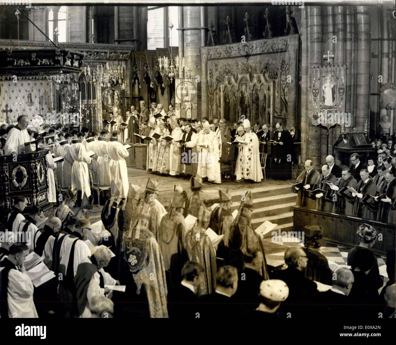 Dec. 28, 1965 - Queen attends Westminster Abby inaugeral service: H.M. The Queen today attended the inaugeral service at Westminster Abbey for the celebrations commemmorating the 900th. Anniversary of the Abbey's consecration. Other members of the Royal Family also attended. Photo shows the scene inside Westminster Abbey this morning, during the service. Stock Photo